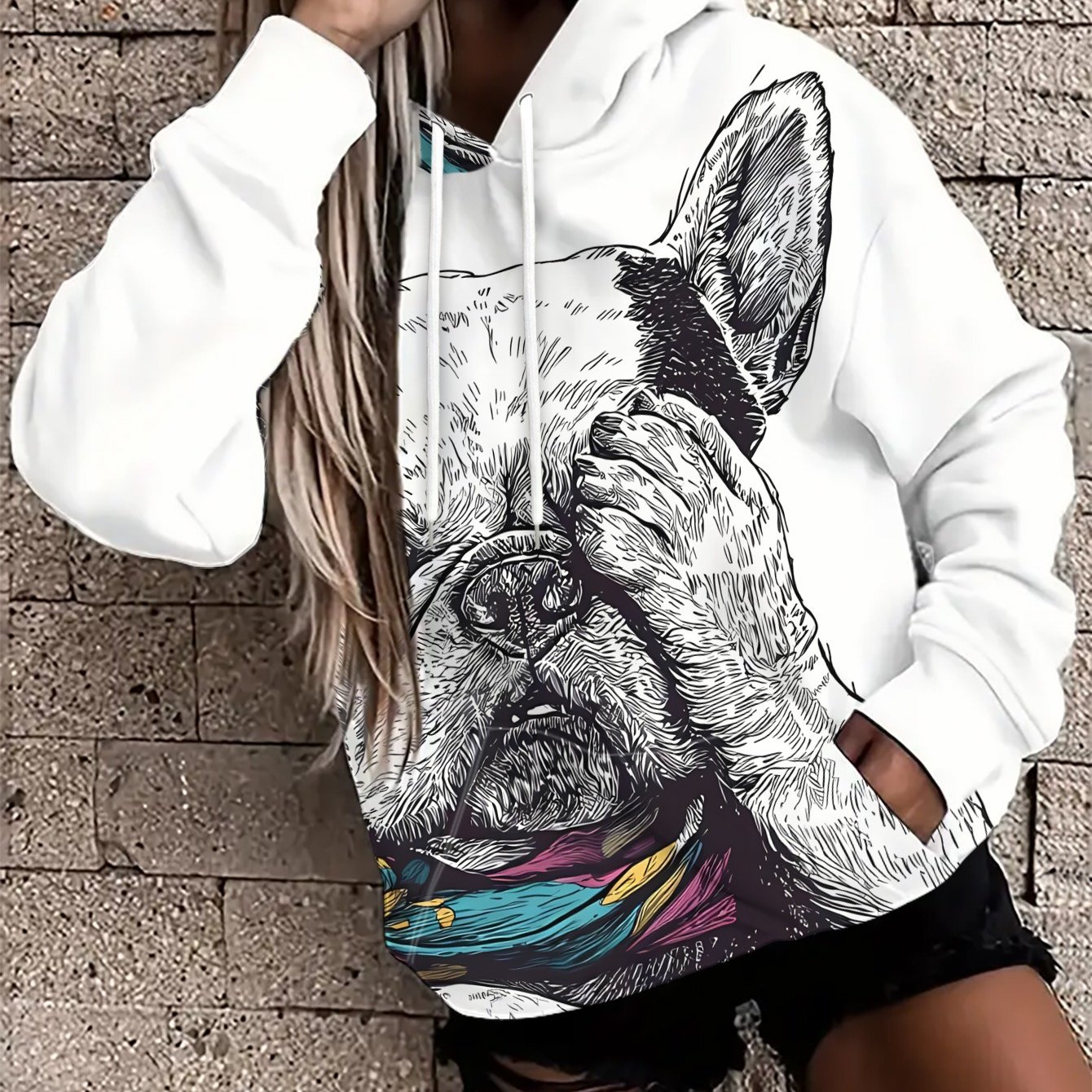 TEMU Sudadera con capucha para mujer, estilo casual y , con bufanda floral, bulldog francés con y soporte para patas, perezosa y . Ideal para fiestas
