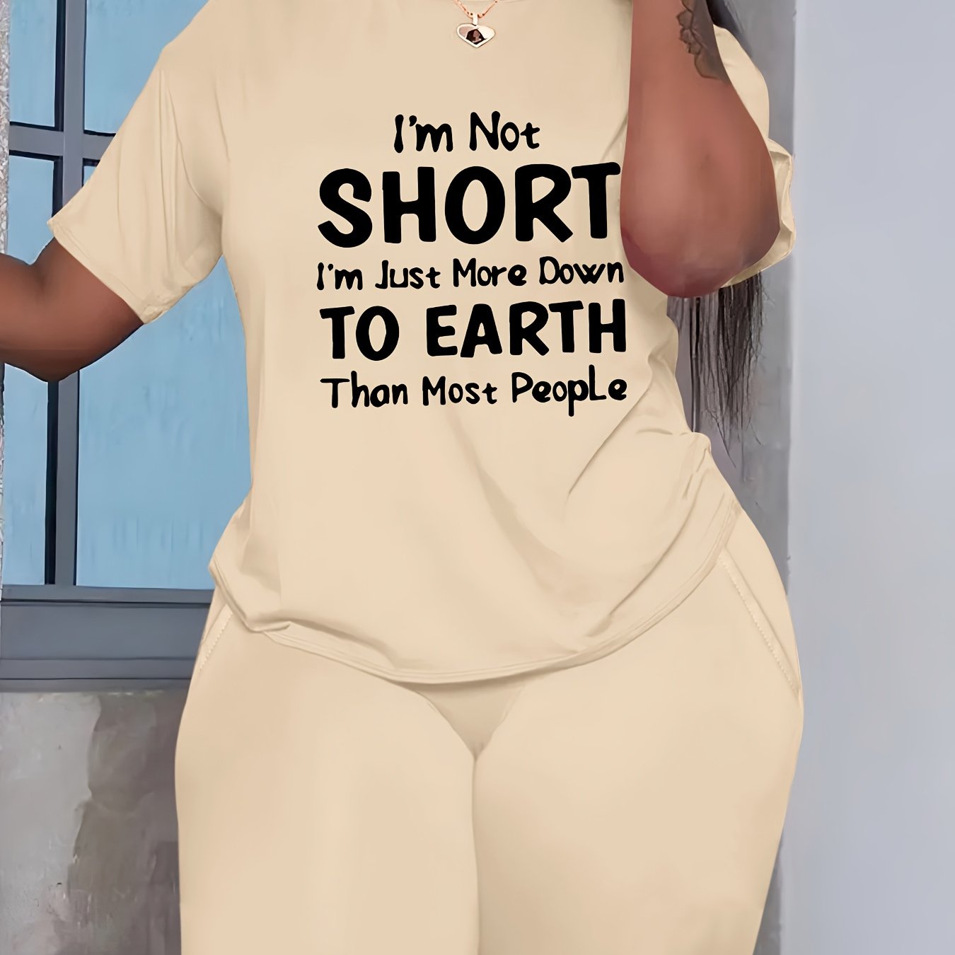 TEMU Set Of 2 Spring And Summer Plus-size Women's Clothing: Short, I'm Grounded Than Most People. Printed Casual Comfortable Round-neck Short-sleeve T-shirt + Stretch Waist Shorts With Pockets.