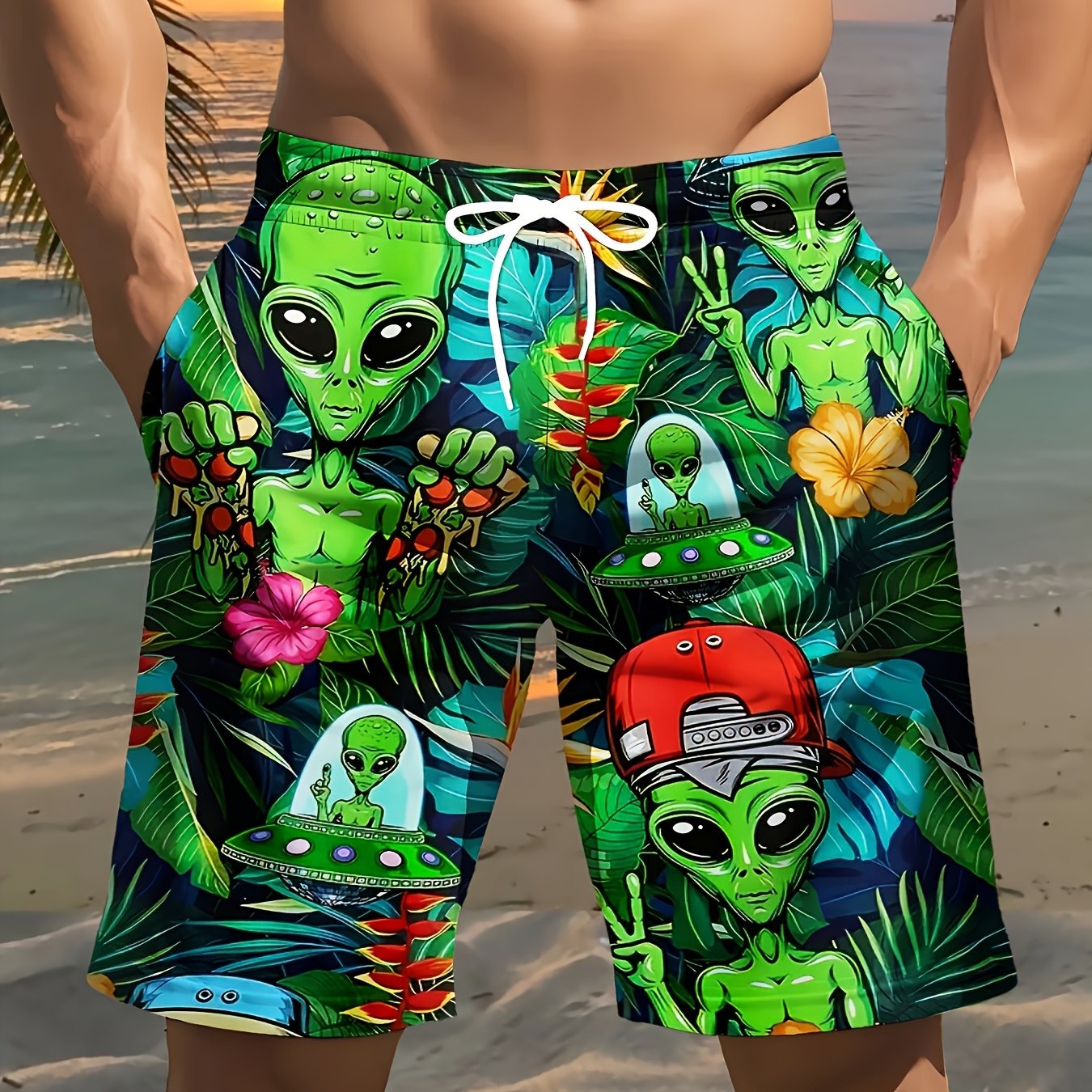 TEMU Pantalones Cortos de Playa con Estampado Digital para Hombre, Alienígena Personalizada, Fresca, Creativa, y Cómoda, Diseño Sencillo, Regalo para