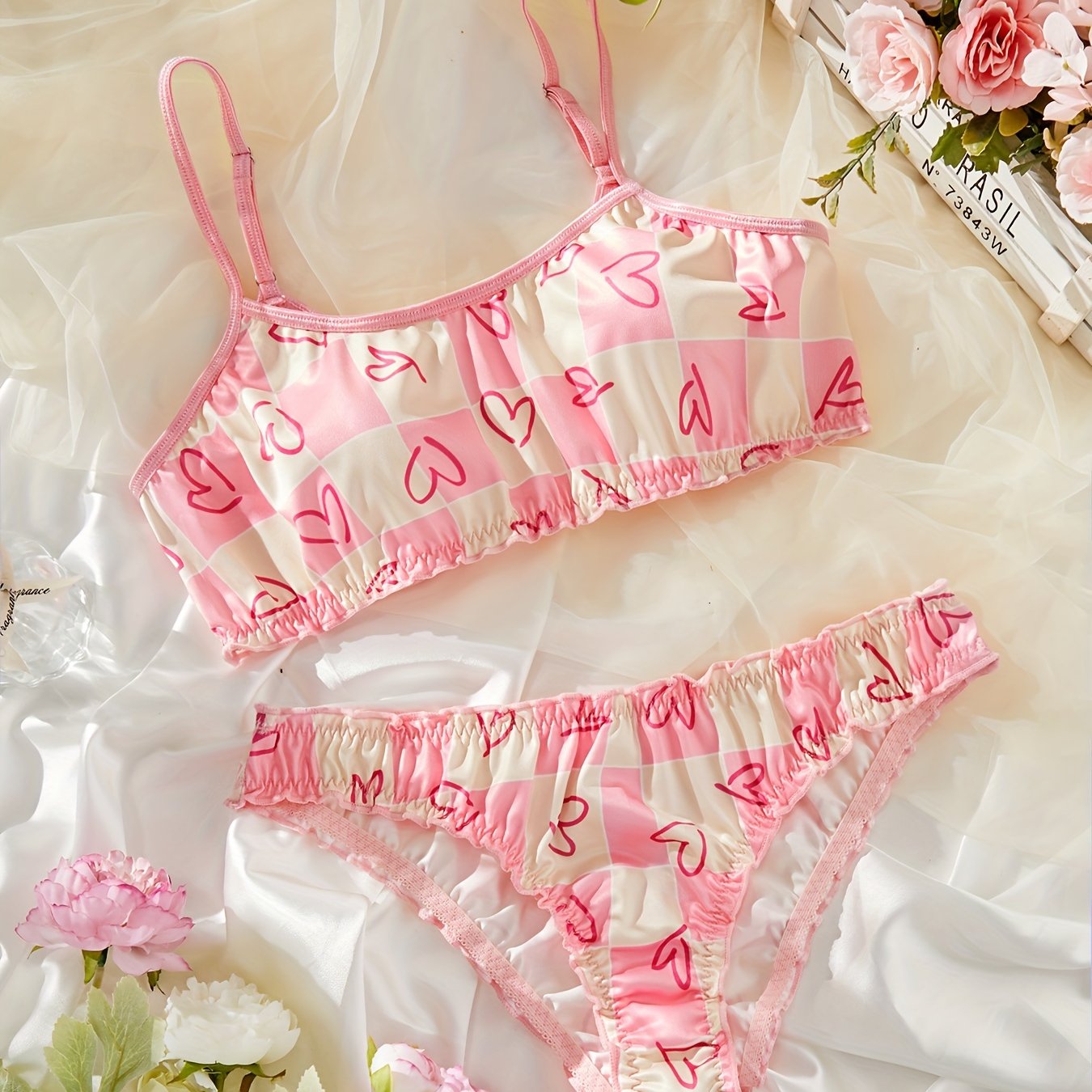 colorblock cute heart print lingerie set intimates bra panty womens sexy lingerie underwear