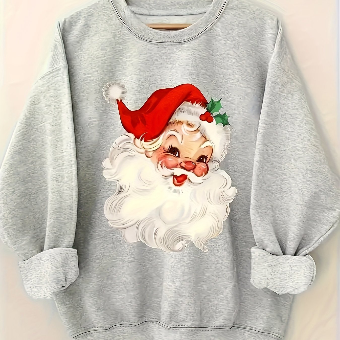 TEMU Plus Size Santa Clause Graphic Print Sweatshirt, Crew Neck Casual Sweatshirt For Fall & Spring, Women's Plus Size Clothing For Christmas