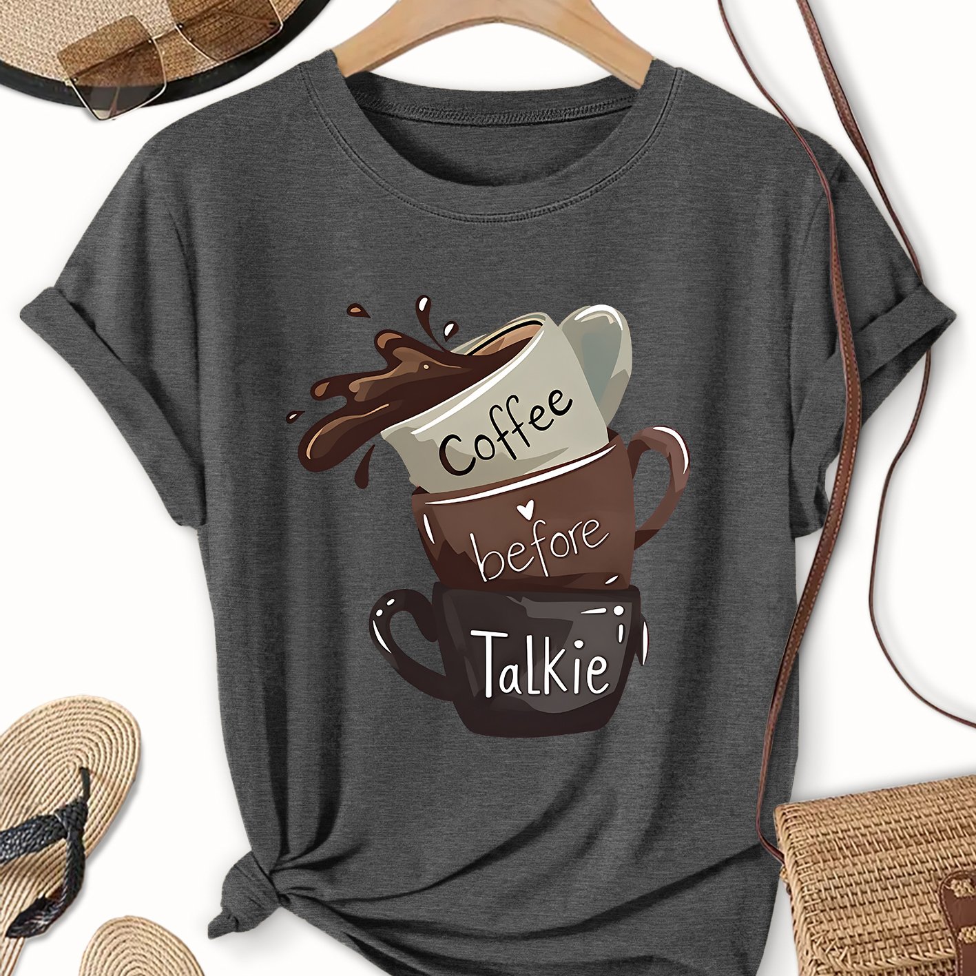 TEMU Plus Size Women's T-shirt Coffee Before Talkie Coffee Fun Slogan Print Round Neck Top -like Skin-friendly, Breathable And Comfortable Fabric