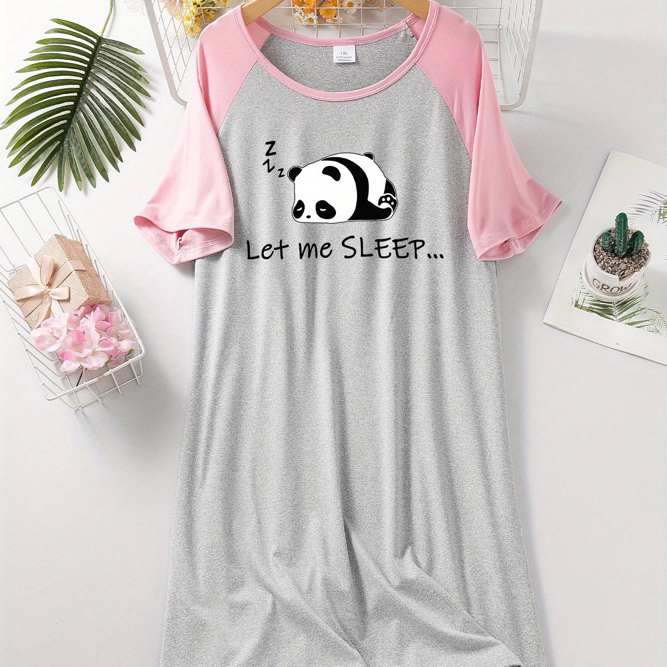 TEMU Panda And Sleep Letter Print Women's Plus Size Short Sleeve Dress