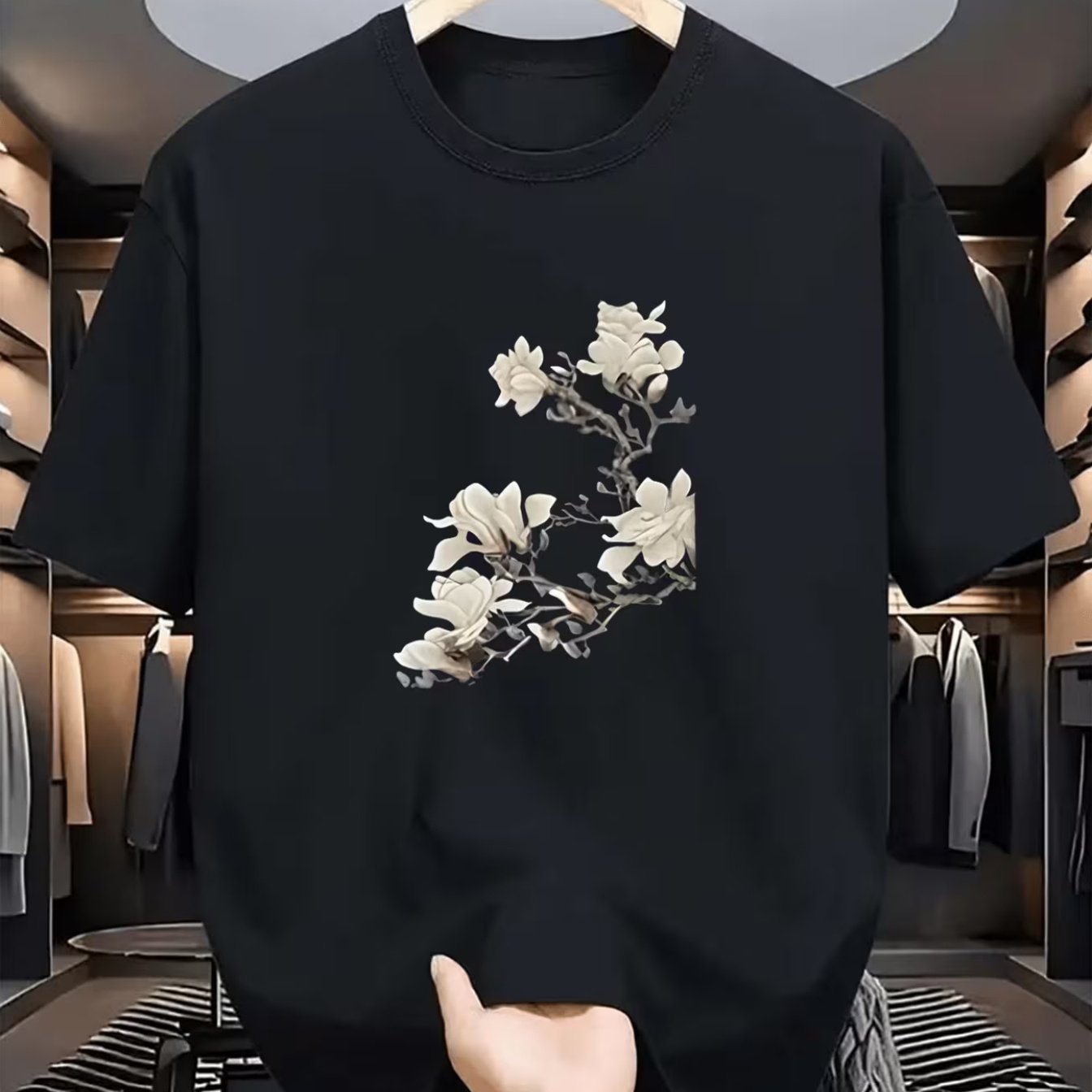 TEMU Men's Chinese Ink Wash T-shirt - Oriental Floral Print Short Sleeve Round Neck Top, Breathable Polyester Fabric Suitable For Summer, Casual Wear