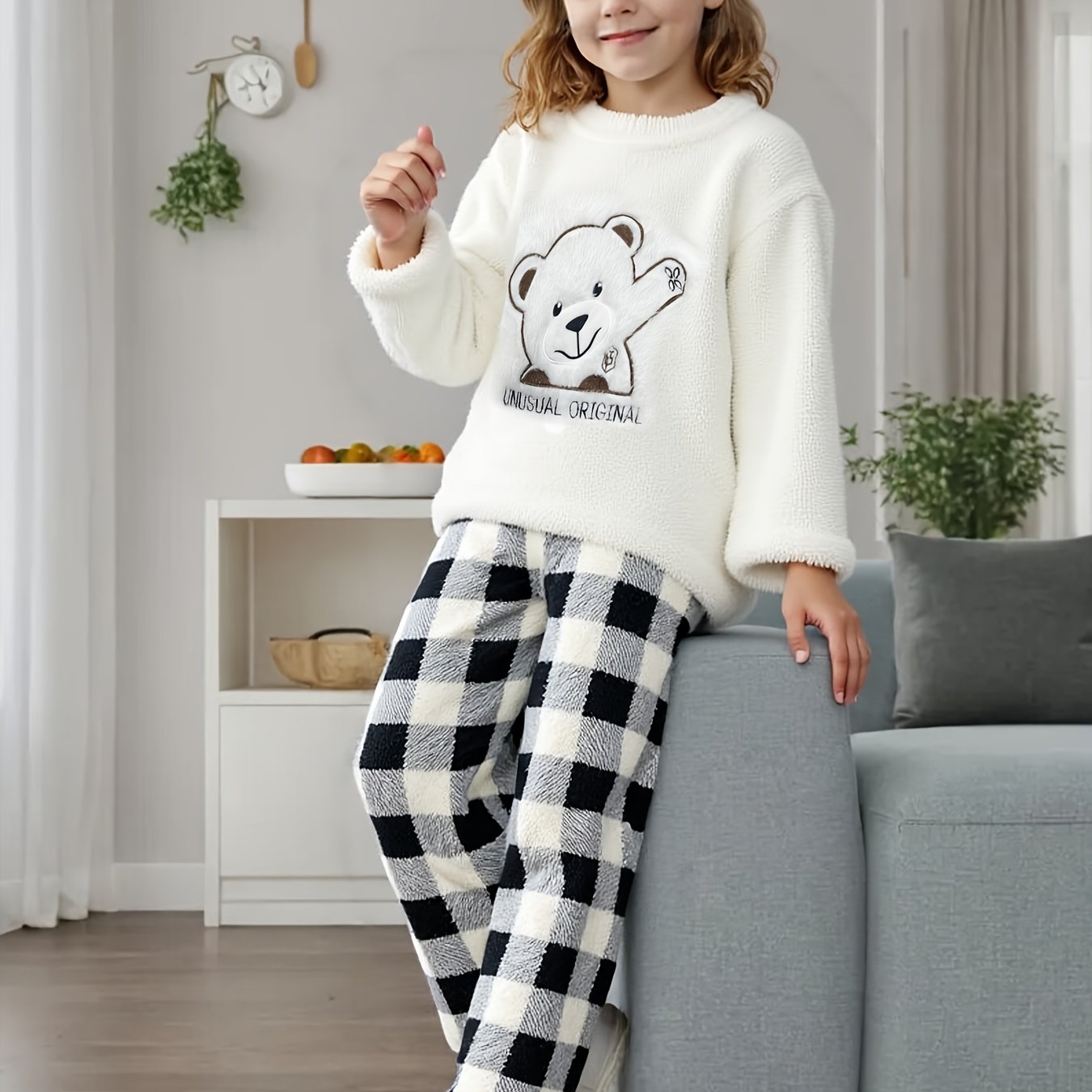 Image of 5-14 Years Girls' Autumn Winter Plush Set, Double-sided Plush Thickened Warm Clothing Set, Round Neck Pullover With Bear Embroidery For Middle And Large Kids