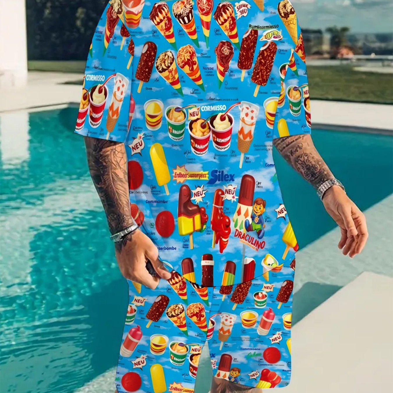 Image of [printed Design - Not Textured] Men's 2pcs Set Casual Trendy Ice Cream Lollipop Chocolate Cone T-shirt Shorts Men's Fashion Adults Men Summer Casual Wear Holiday Gift Party Outfit