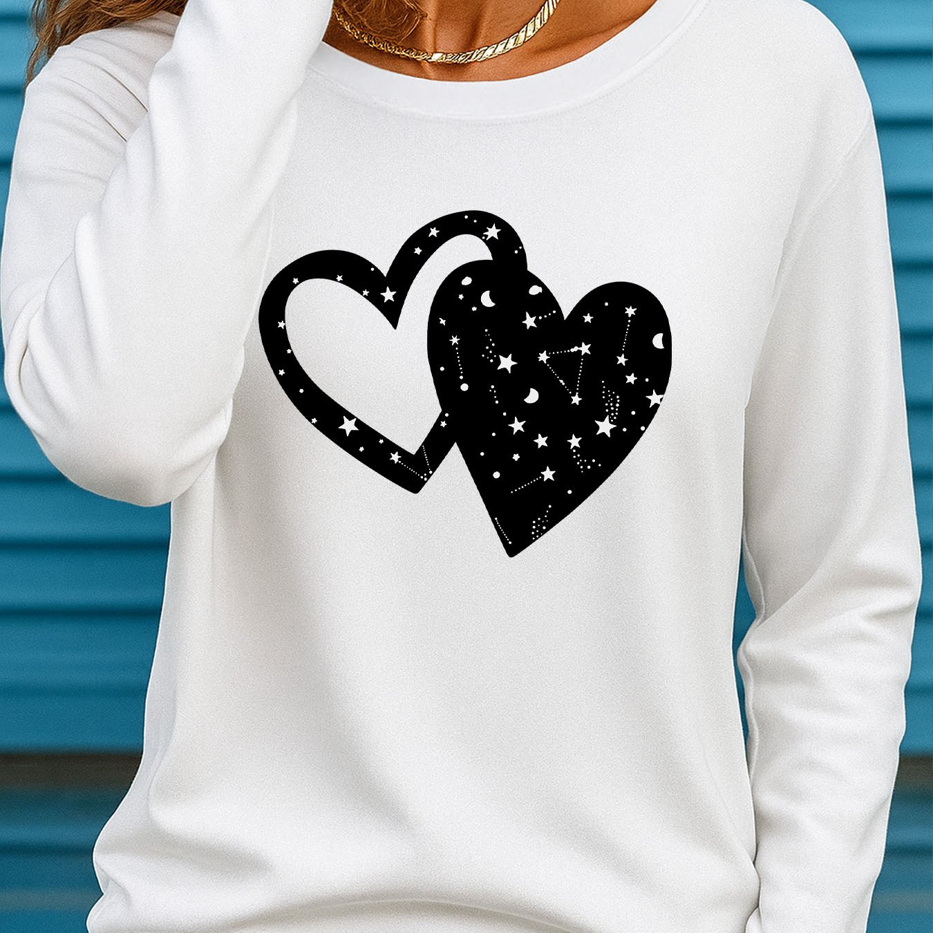 TEMU Women's Plus Size Long Sleeve Round Neck T-shirt With Starry Night Print - Casual Winter Warm Blouse, Cozy Fall & Winter Outfits, Machine