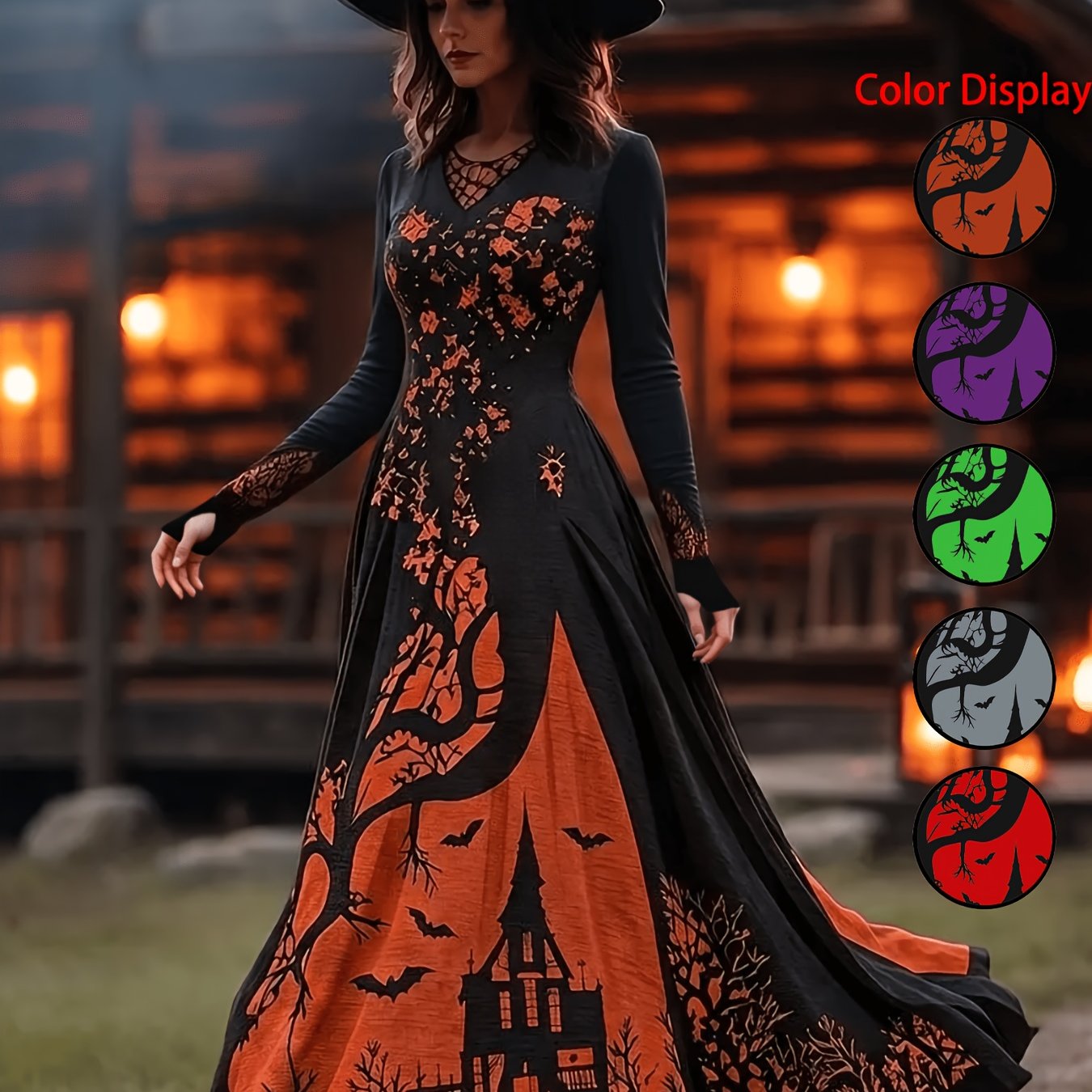 TEMU Robe de sorcière d'Halloween pour femmes, robe gothique rétro à col rond imprimé, manches longues et jupe longue évasée, imprimé chauve-souris