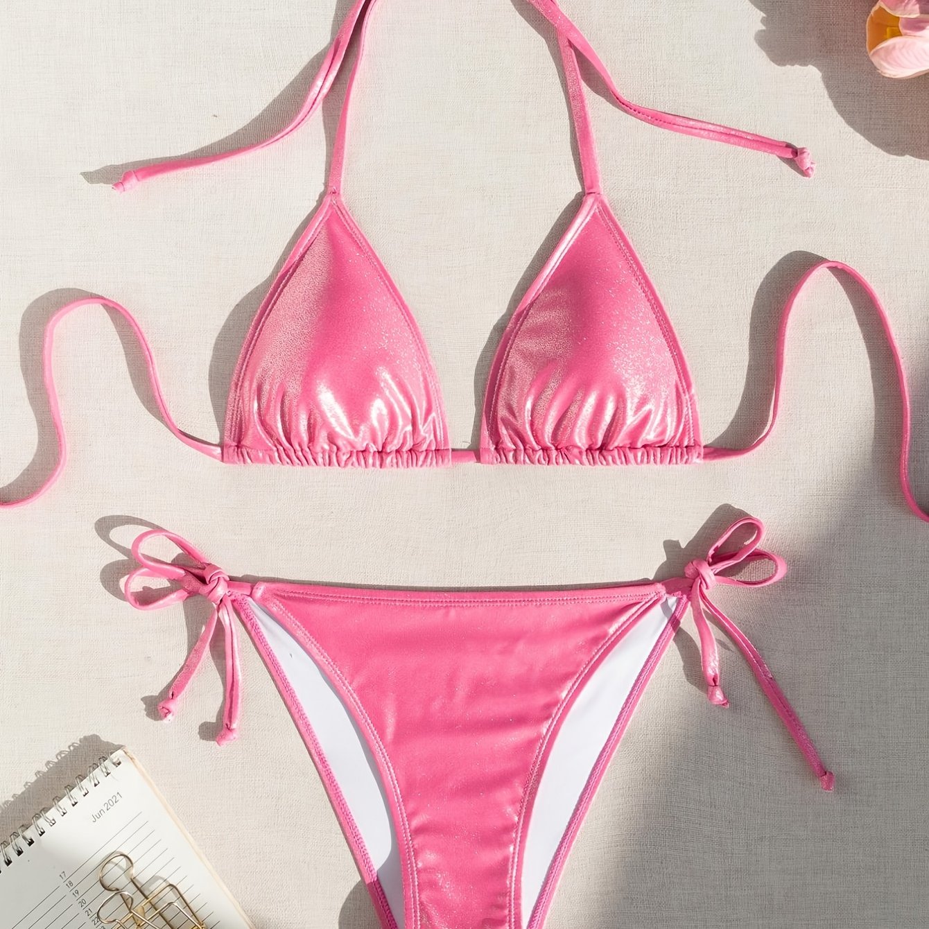 E-shop 2er-Set Sommermode Sexy Leuchtendes Rosa Neckholder Damen Bikini Set & 1 Höschen