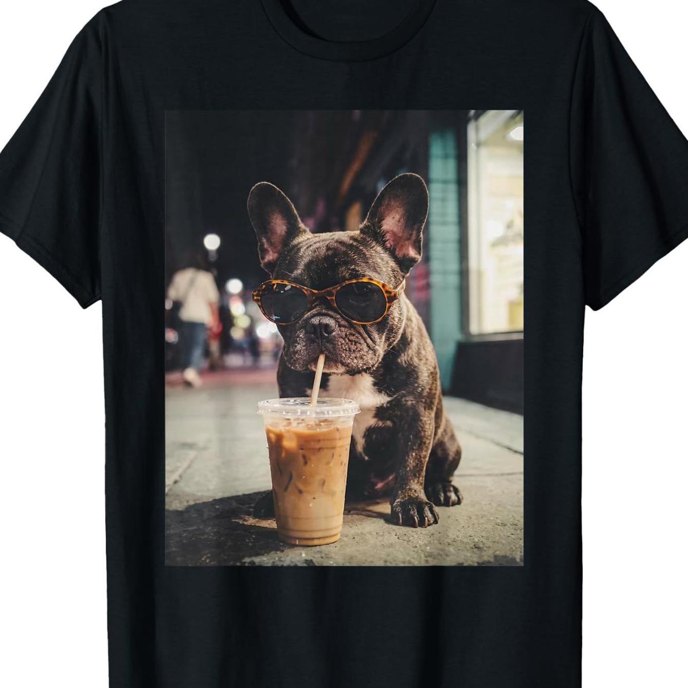 French Bulldog Drinking Iced Coffee Men's T-shirt Unisex Tee