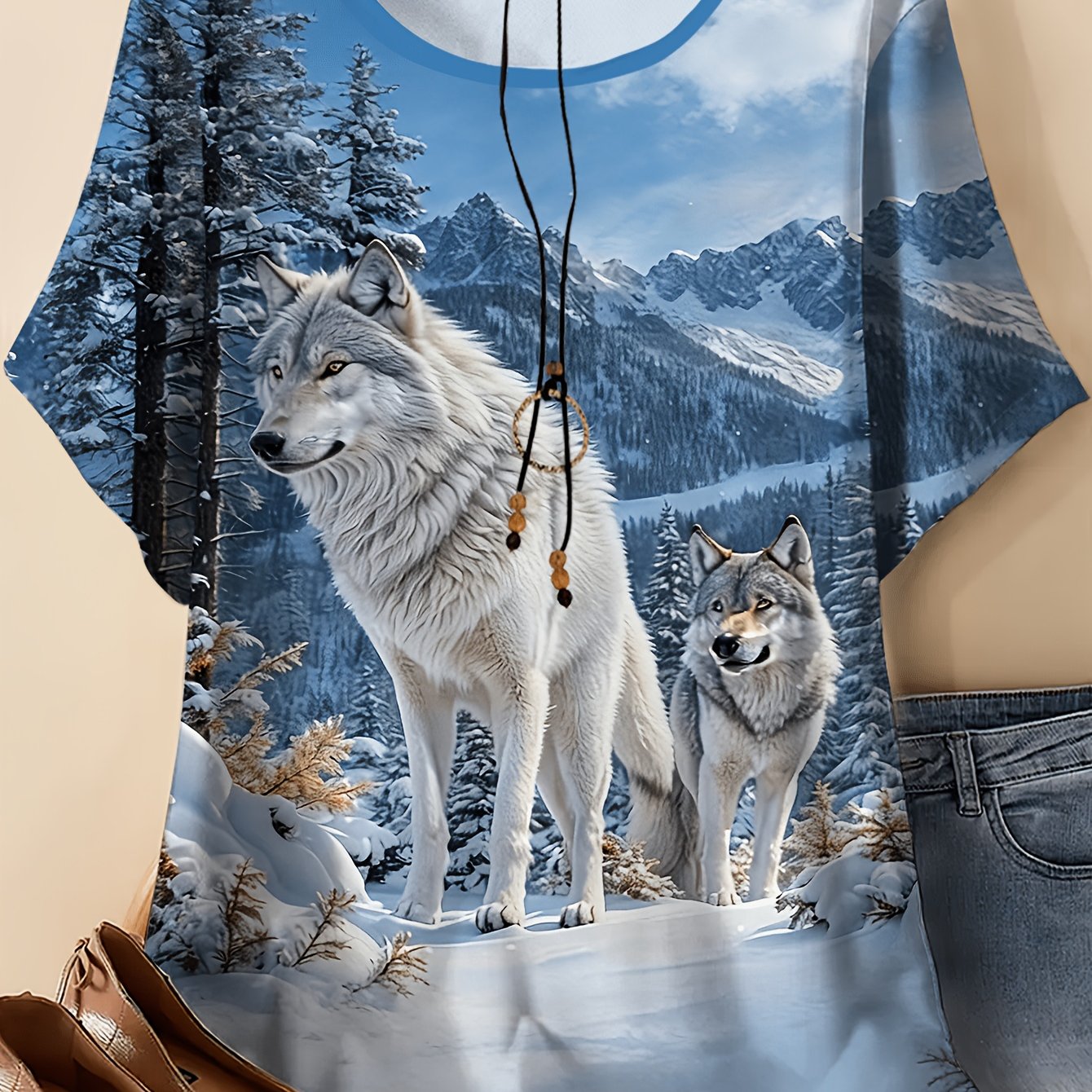 TEMU Plus Size, Women's Snow Wolf Print T-shirt - Loose Fit Round Neck Short Sleeve Blouse Suitable For Spring Summer Casual Wear, Non- Pattern Top