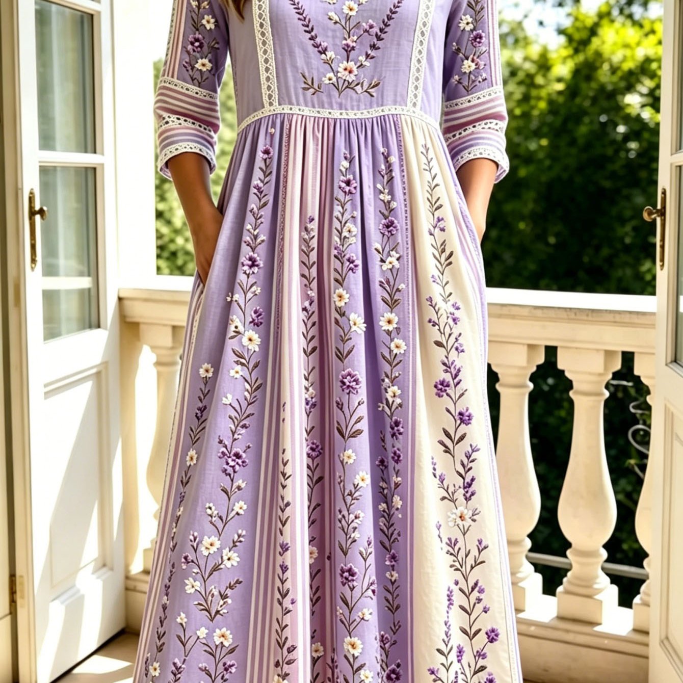 Image of Plus Size, Bohemian Sunflower Print Dress For Women, Elegant Round Neck Dress, 3/4 Sleeve Loose Maxi Dress With Pockets