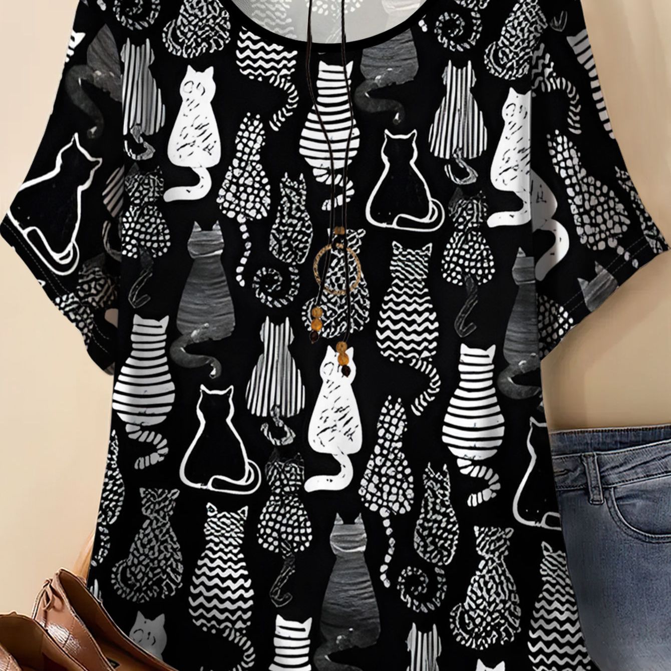 TEMU Plus-size Women's Black Cat Print Short-sleeve Top, Loose Casual T-shirt For Women, Stylish And Versatile Summer Wear