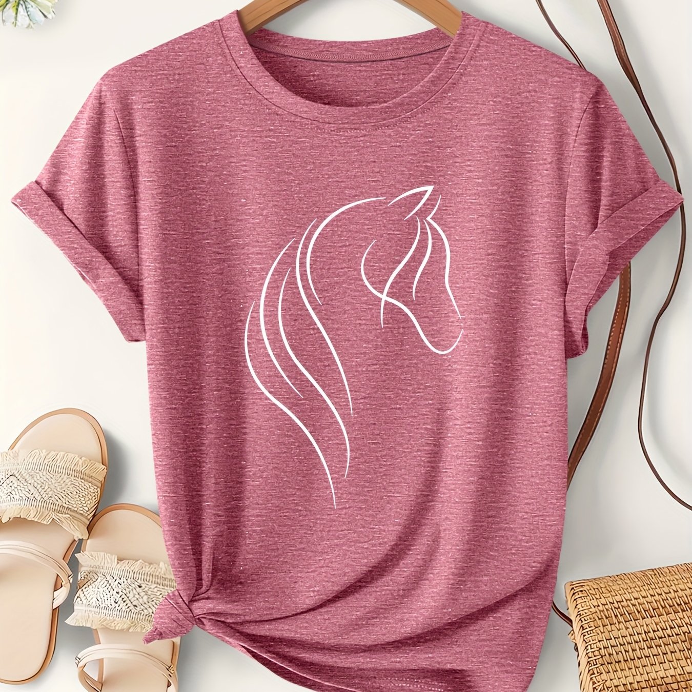 TEMU Women's Minimalist Geometric Line Abstract Art Horse Print Short-sleeved 2025 Autumn Fashion Trendy Retro Round Neck Cute T-shirt Set One-piece
