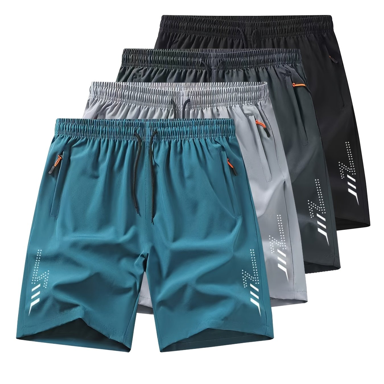 E-shop 4 Stück Herren Outdoor Sport Freizeitshorts, Uni-Farben Druck Reißverschlusstaschen Shorts, Atmungsaktive Schnelltrocknende Sportshorts
