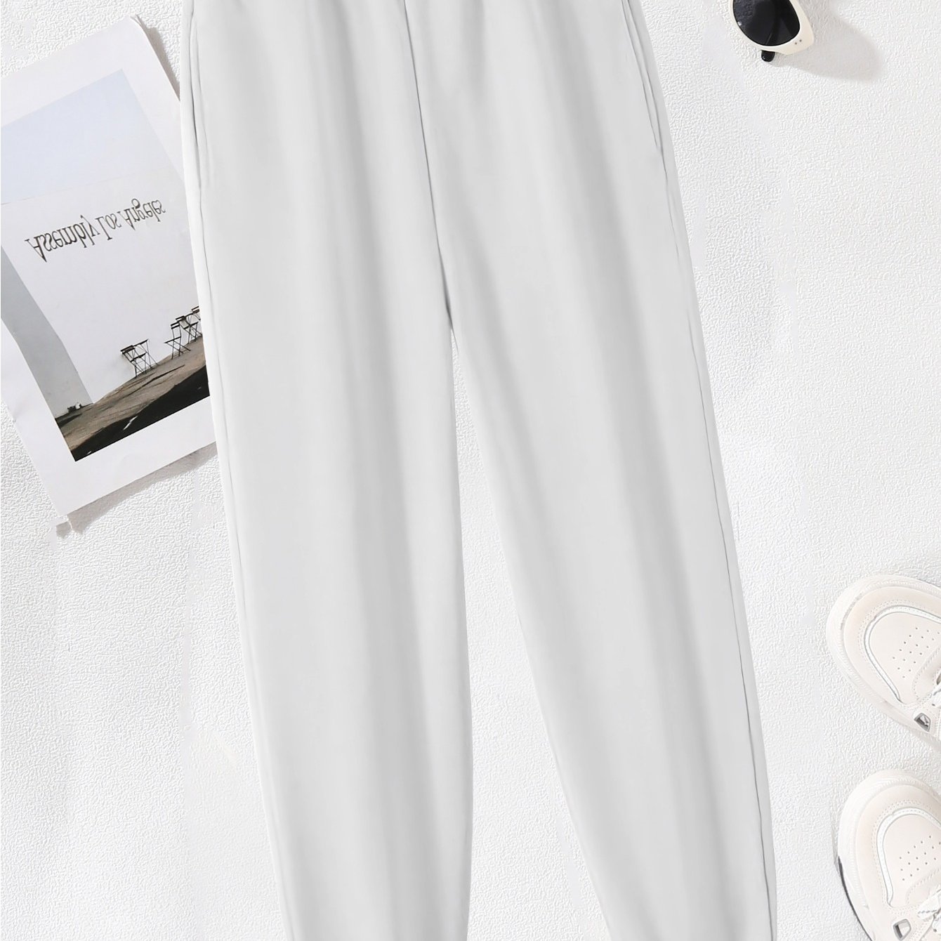 TEMU White Solid Color Women's Loose-fitting Joggers - Casual Wide-leg Sweatpants, Elastic Waistband, Machine Washable Winter Warm, Casual Wear -
