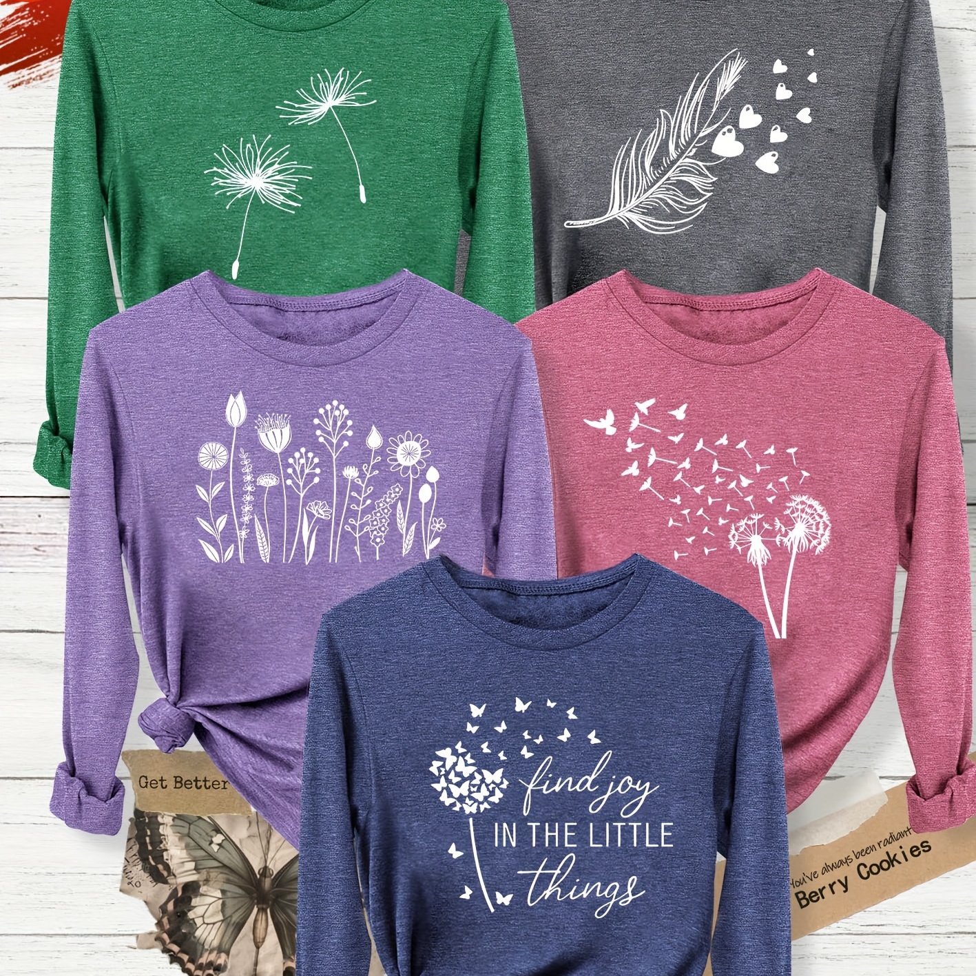 TEMU 5pcs Set Simple And Clear Line Art Plant And Floral Print Fashionable And Elegant Women's Spring, Autumn, Winter Casual Sporty Style Round Neck