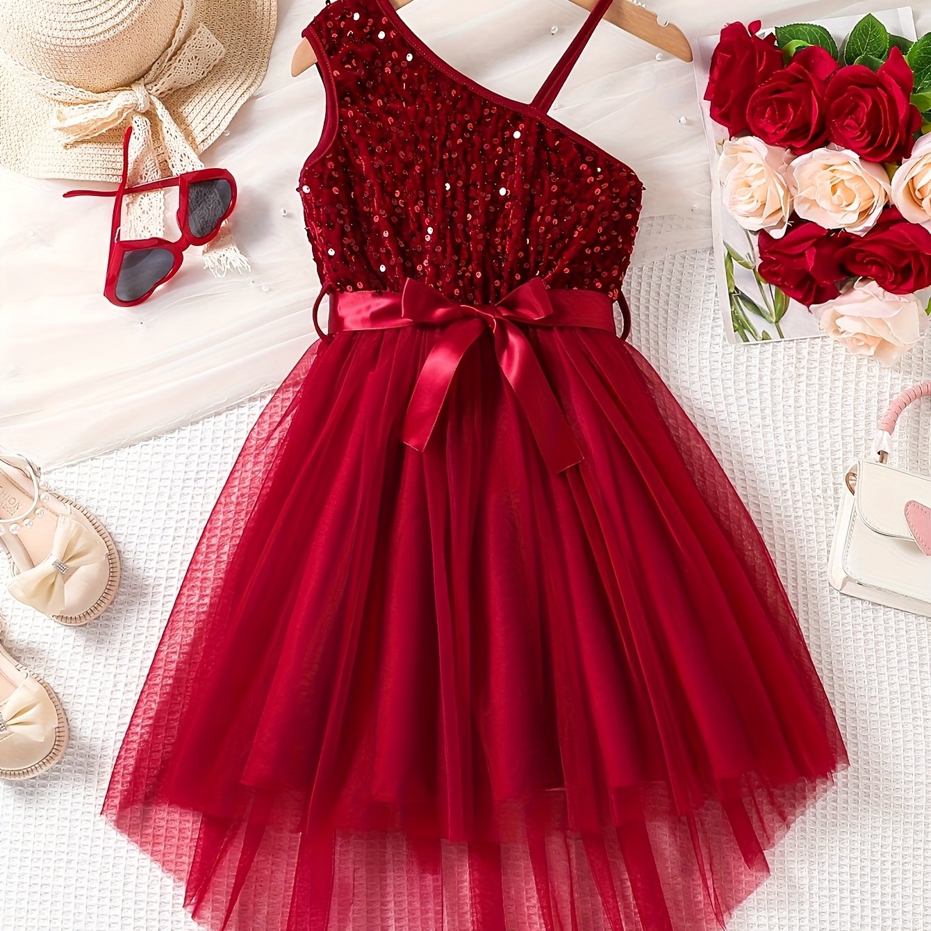 Girls' Casual Mesh Sleeveless One-shoulder Dress, Suitable For And Parties