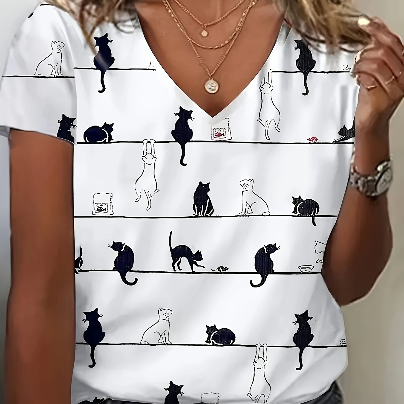 TEMU Cat Print V-neck T-shirt, Casual Short Sleeve T-shirt For Spring & Summer, Women's Clothing