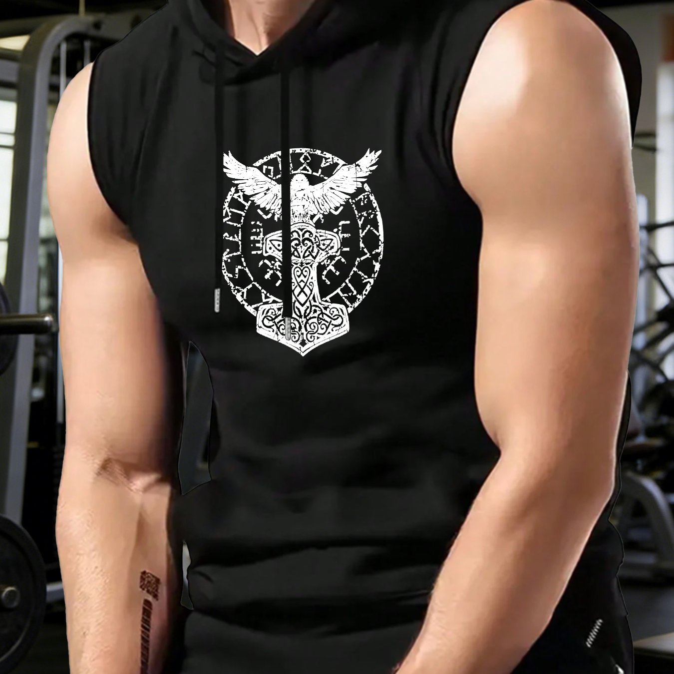 TEMU Hooded Tank Top With Mythological Elements, Suitable For Summer Sports, Gym Training, Outdoor Activities, And Casual Wear, Sleeveless Hooded
