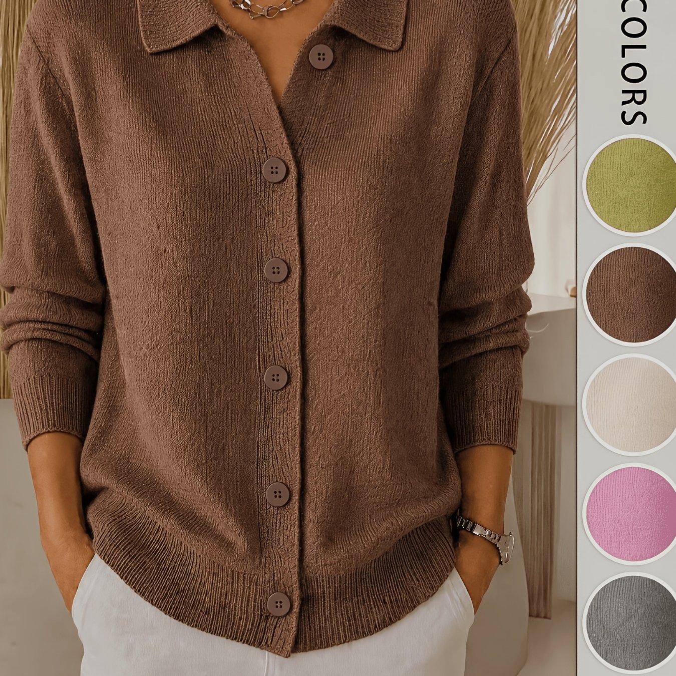 TEMU Lapel Single-button Cardigan, Office Casual Versatile Off-shoulder Ribbed Long Sleeve Loose Outerwear Top