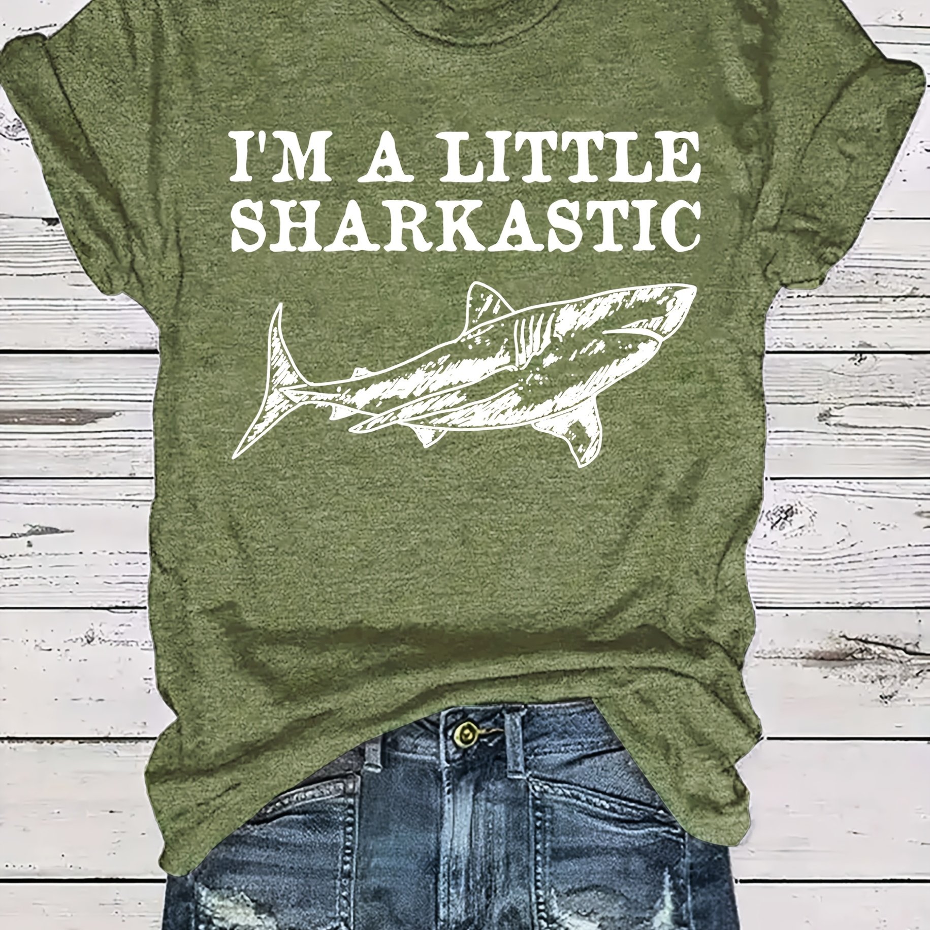 TEMU Women's Casual Crew Neck T-shirt, Polyester Knit Fabric, Regular Length, With "i'm A Little Sharkastic" Slogan And Shark Graphic, For