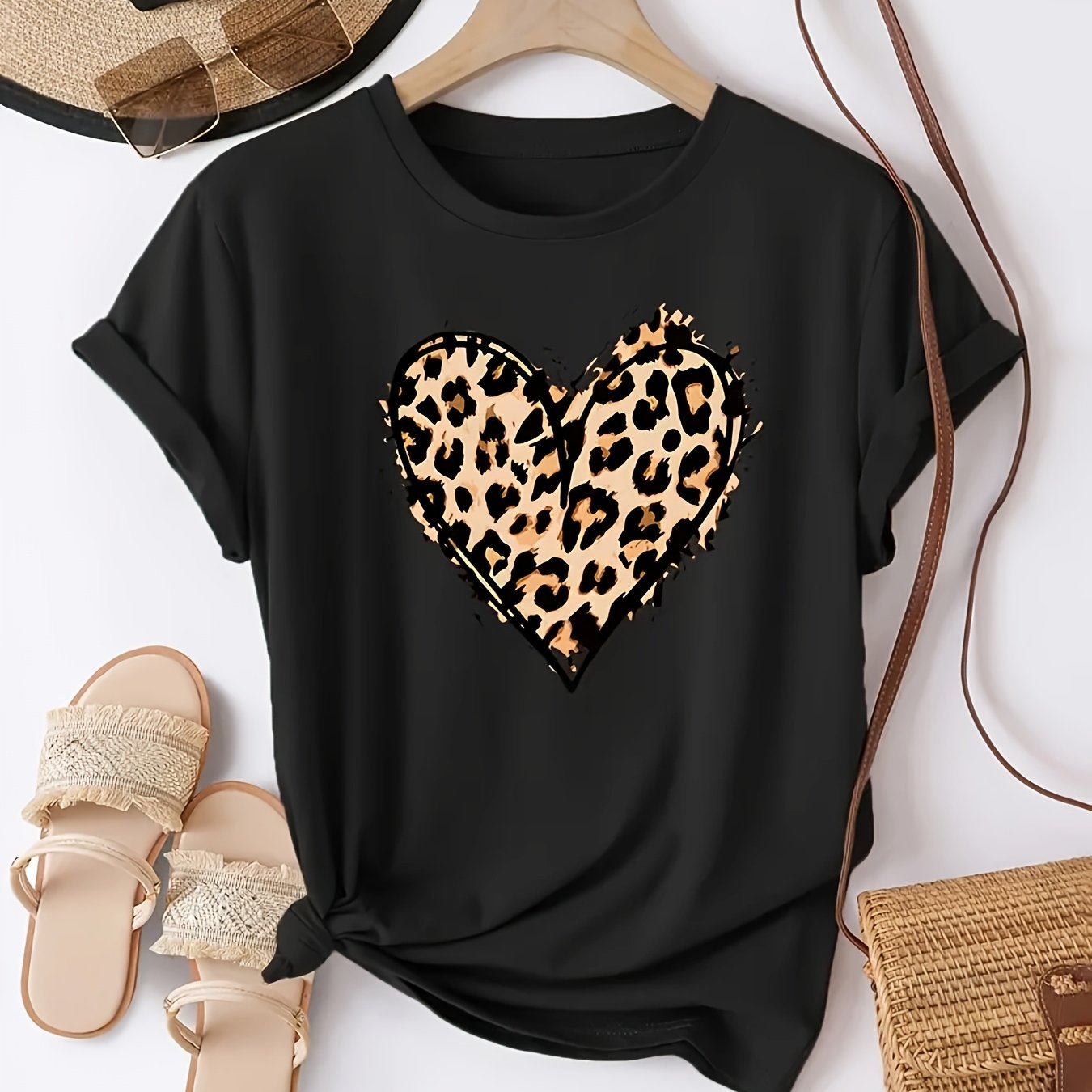 Women's Casual Crew Neck T-shirt With Leopard Print , Short Sleeve Fabric Tee, Stretch Pullover Top For -