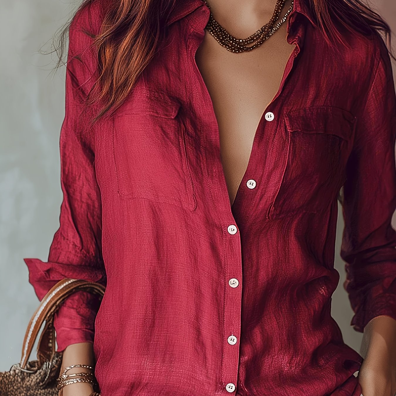 TEMU Women's Elegant Casual Solid Color Long Sleeve Shirt, Breathable Soft Fabric, Spring Summer Autumn 2026