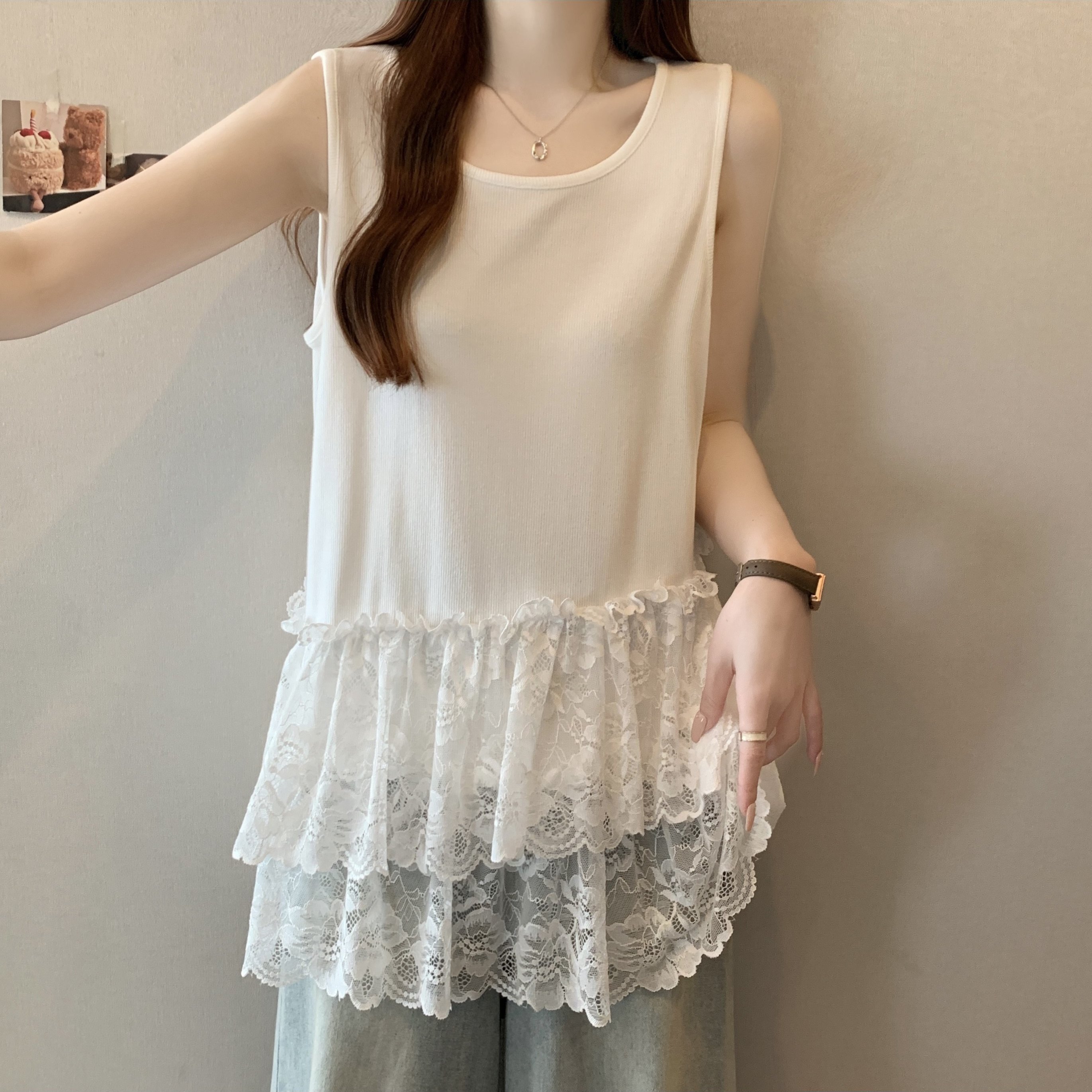 TEMU プラスサイズ レディース 夏用 ルーズフィット レースタンクトップ スタッボンシーム付き - レイヤリングベースレイヤー インナーシャツ、カーディガン、旅行に最適 - 通気性抜群 スリムヘム ヴィネジアトップ (ノン-)