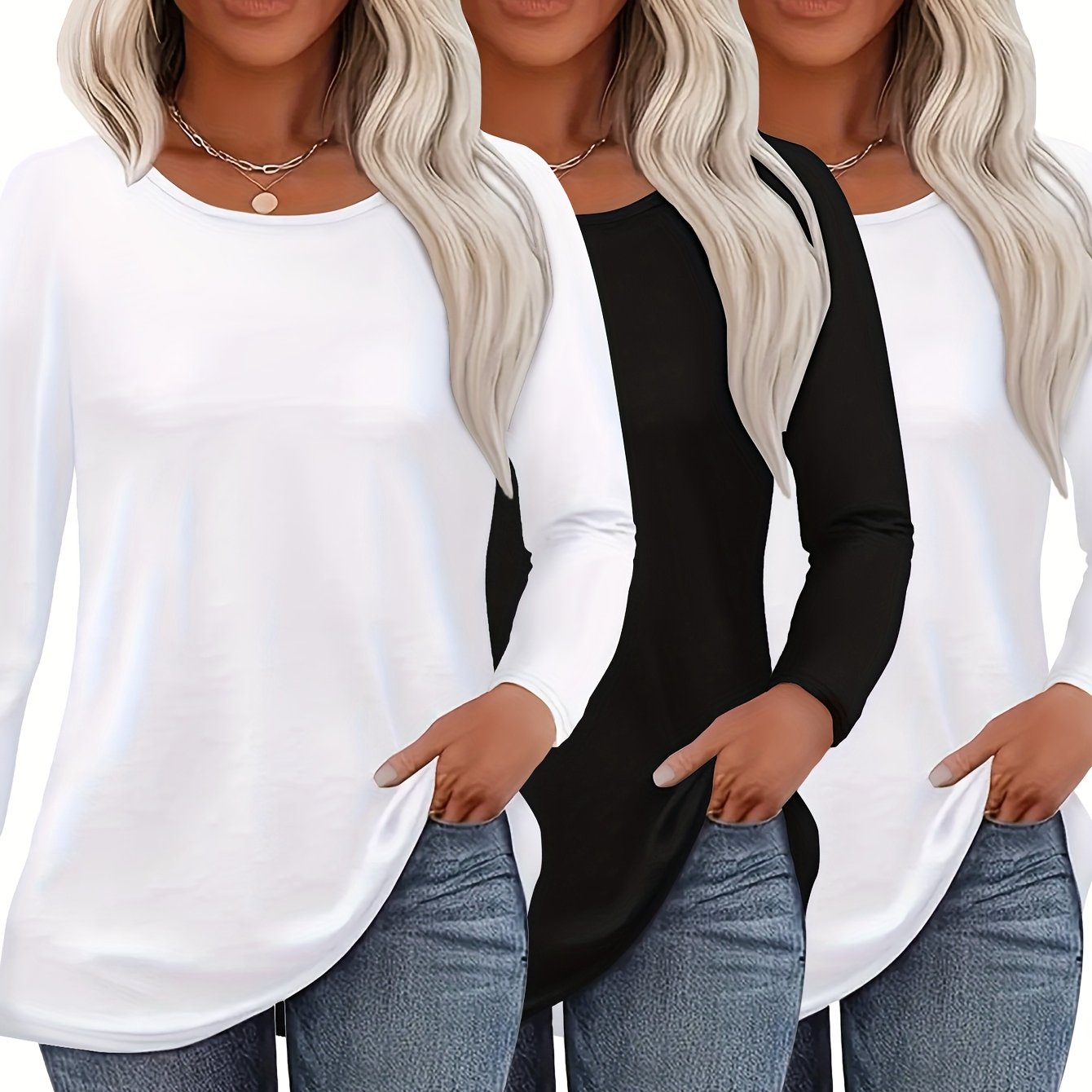 TEMU 3pcs Long Sleeve Solid Color Women's T-shirt Casual Holiday Outing All-match Autumn Winter Round Neck