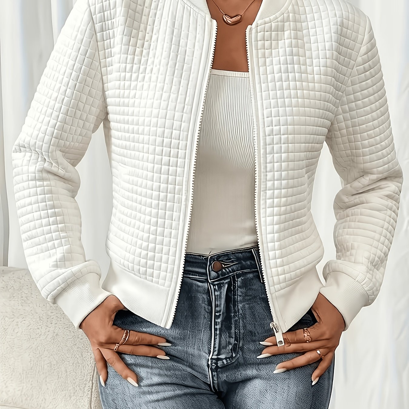 TEMU European And Waffle Texture Baseball Suit Women' Color Collar Zipper Short Jacket Casual Versatile Jacket Top