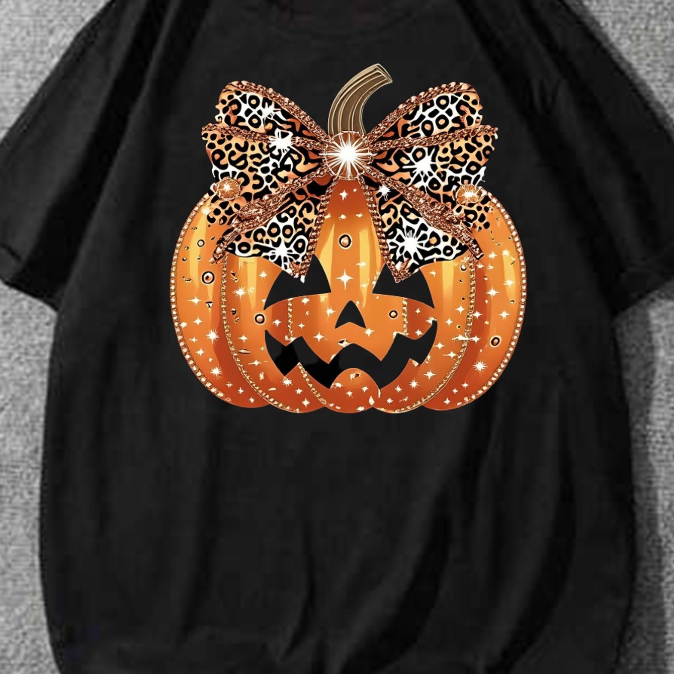 TEMU Black T Shirt With Pumpkin And Leopard Bow Print For Halloween Party, Plus Size
