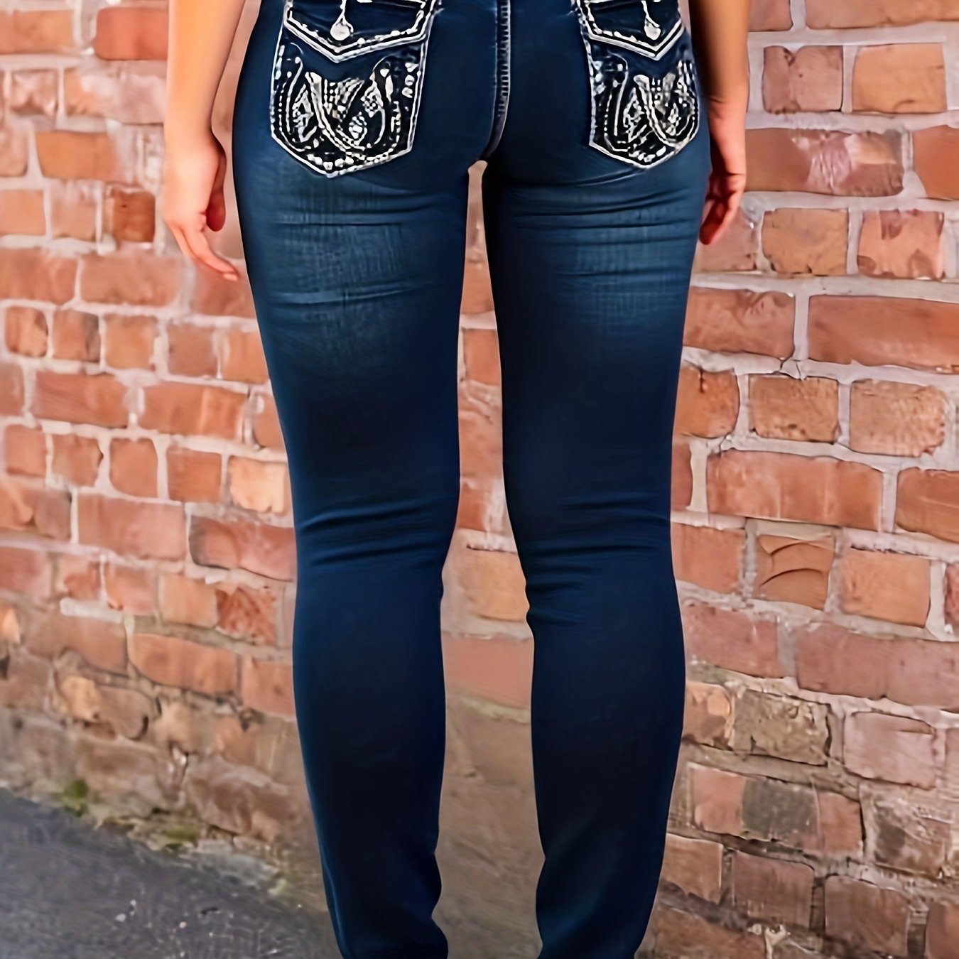 TEMU [hme] Women's Casual Jeans, With On The Back Pocket, Washed , High-waisted Stretch Slim Skinny Pants, Fashionable And Simple, Suitable For , Essential For Daily Casual Wear