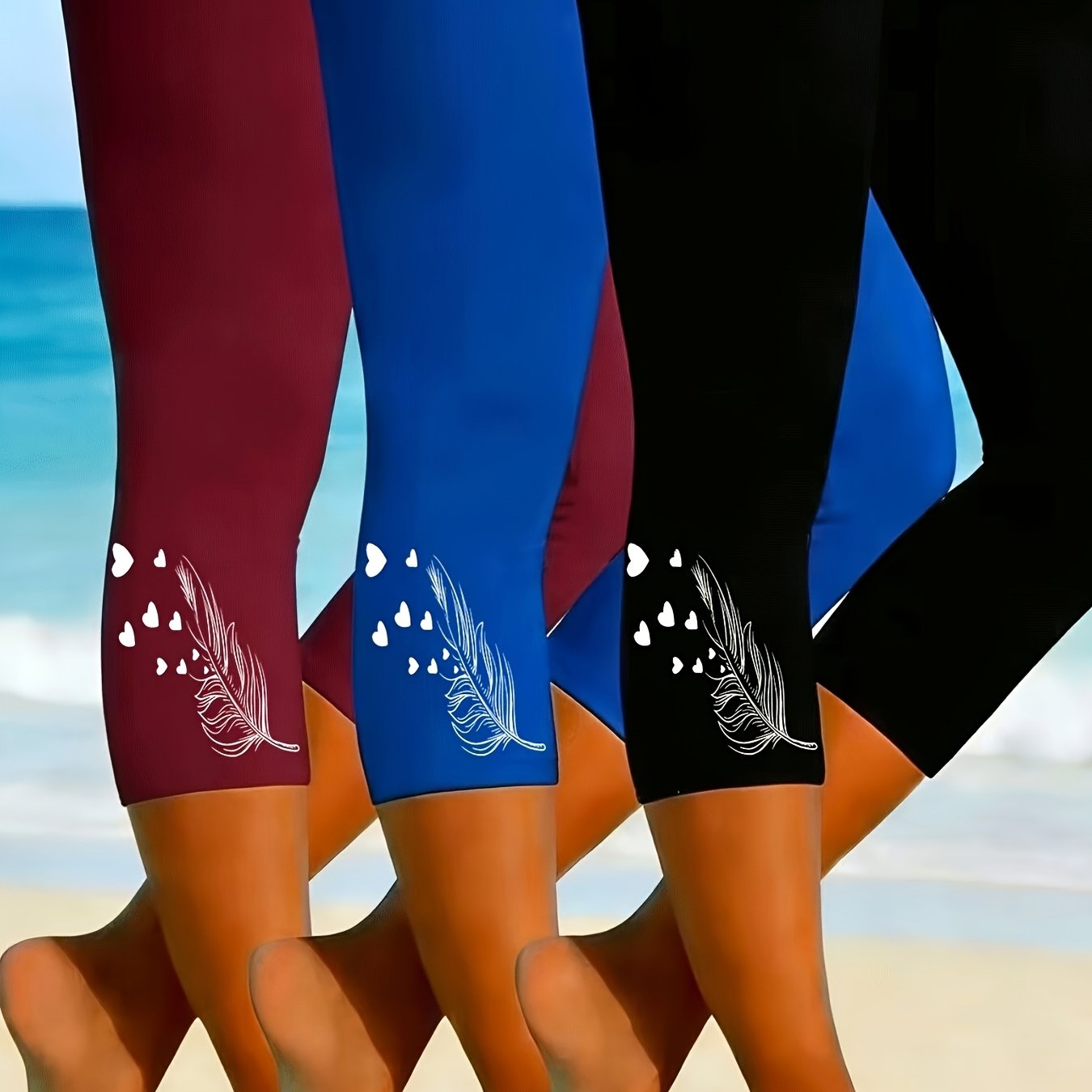 TEMU 3er-Pack Damen Capri-Leggings, Bedruckter Stoff, Hochelastische Sport-Tights, Elegante Leichte Atmungsaktive Capri-Hosen