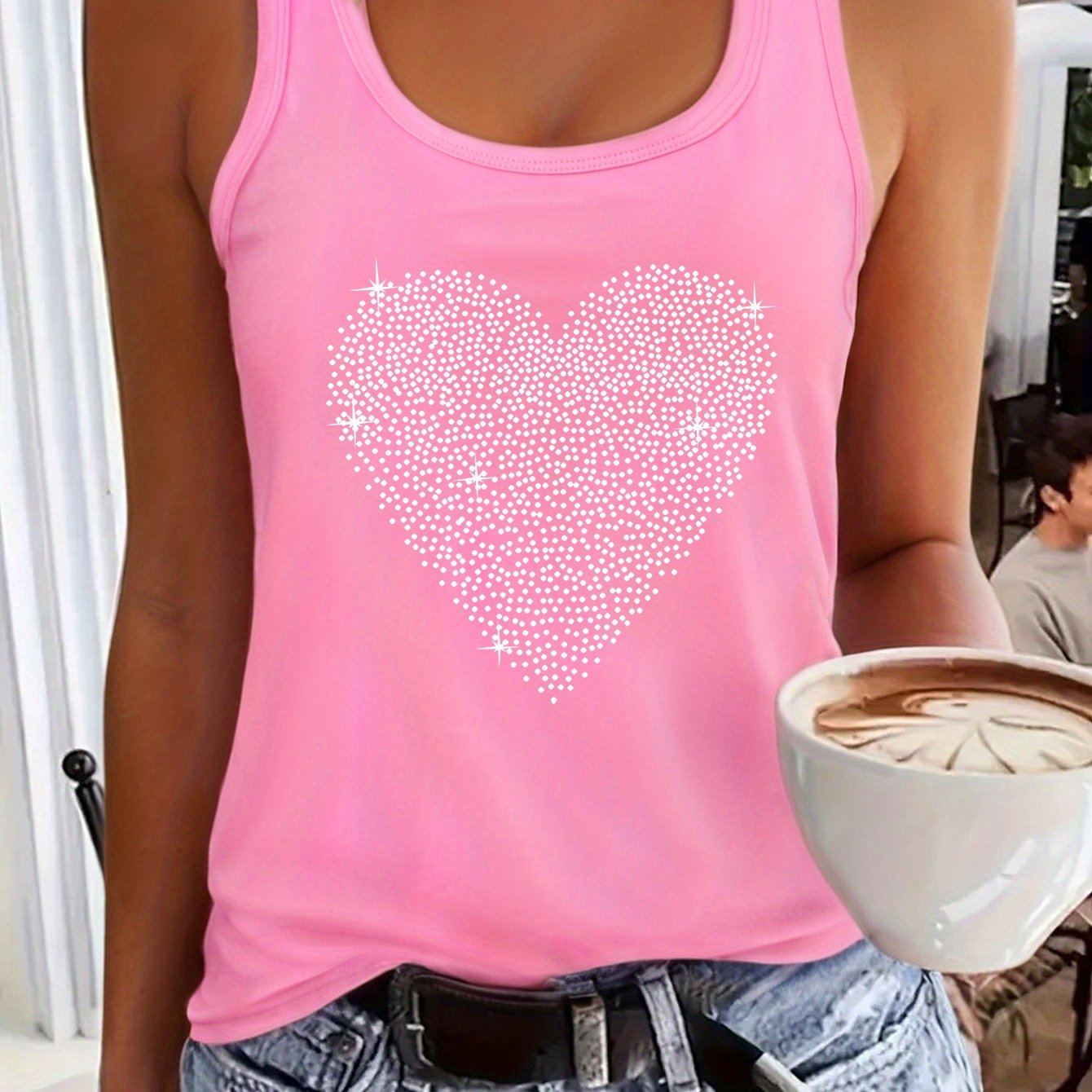 TEMU Stilvolles Damen-Tanktop mit Herzdruck - Leichtes Polyesterstoff, für Freizeitkleidung, Farbenfrohes Oranges Sommerweste mit Weiß gepunktetem