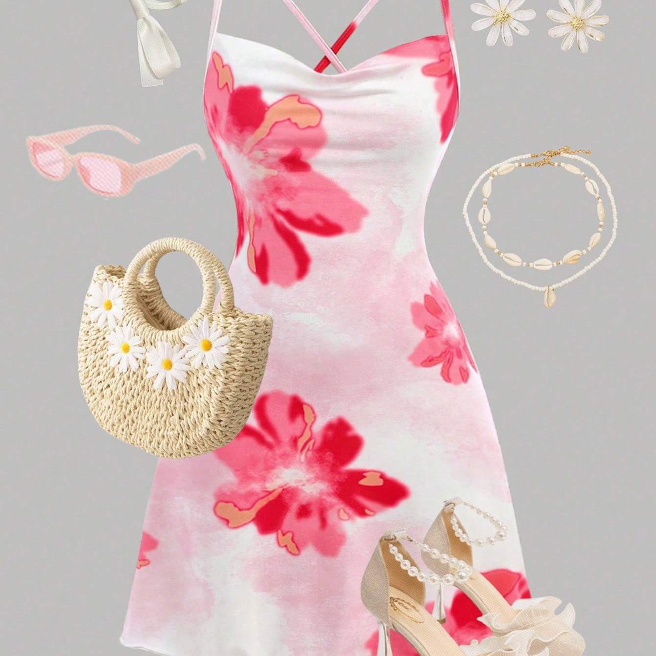 TEMU Girls' Casual Vacation Floral Print Cross-strap Sundress, Summer Outdoor Beach Dress For Big Girls