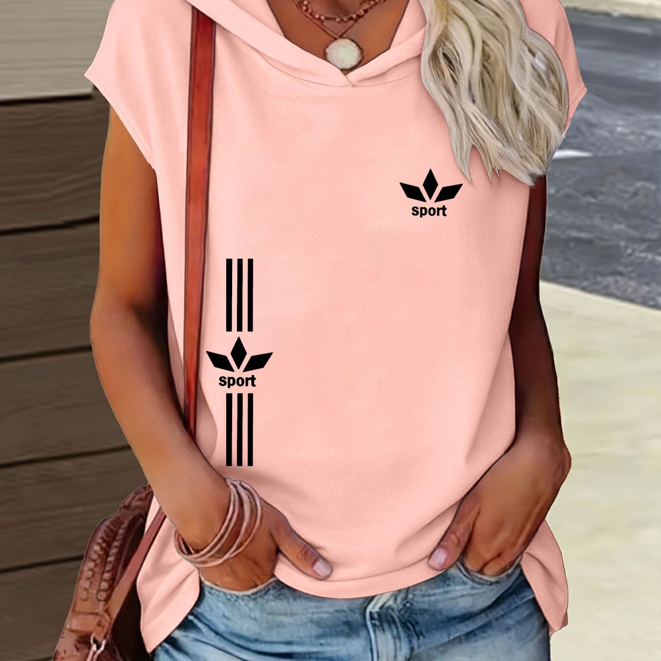 TEMU Women's Hooded Sleeveless Crop Top - Trendy Oversized Graphic Tee With Logo And Sport Print, Drawstring Hoodie Vest, Casual Summer Streetwear