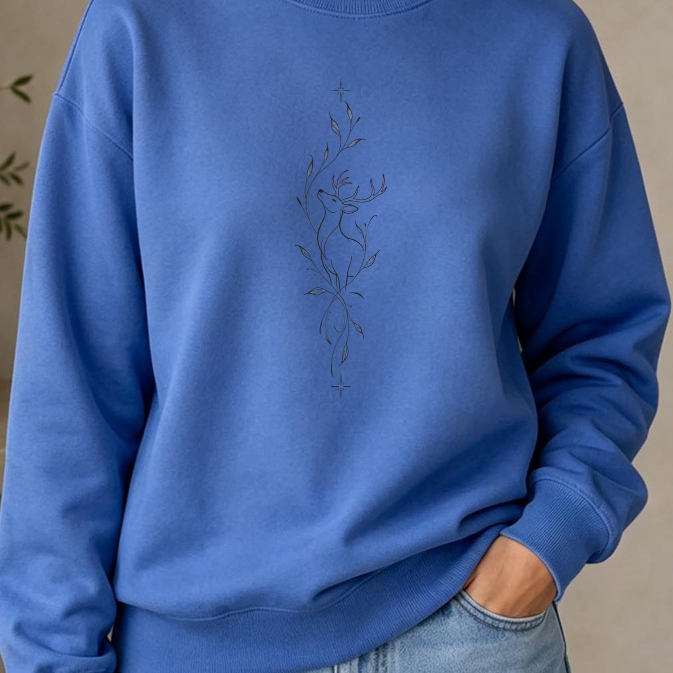 Image of Y2k Women's Pullover Sweatshirt - White With Black Star & Plant Print, Loose Fit, , Minimalist, Machine Washable, Local Stock