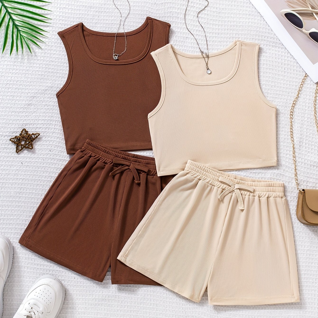 Image of 4pcs Set Of Girls' Cute Solid Color Ribbed Tank Top And Shorts, Comfortable And Stylish With Elastic Waistband, Summer Set Suitable For Daily Casual , Perfect For Outdoor,christmas,halloween