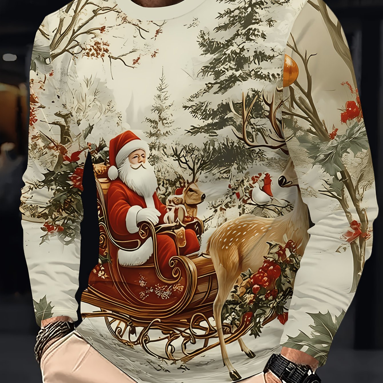 TEMU Print Design - Not Textured ' Long Sleeve T-shirt Santa Reindeer Retro Sleigh Forest Pattern Casual Long Sleeve Apparel