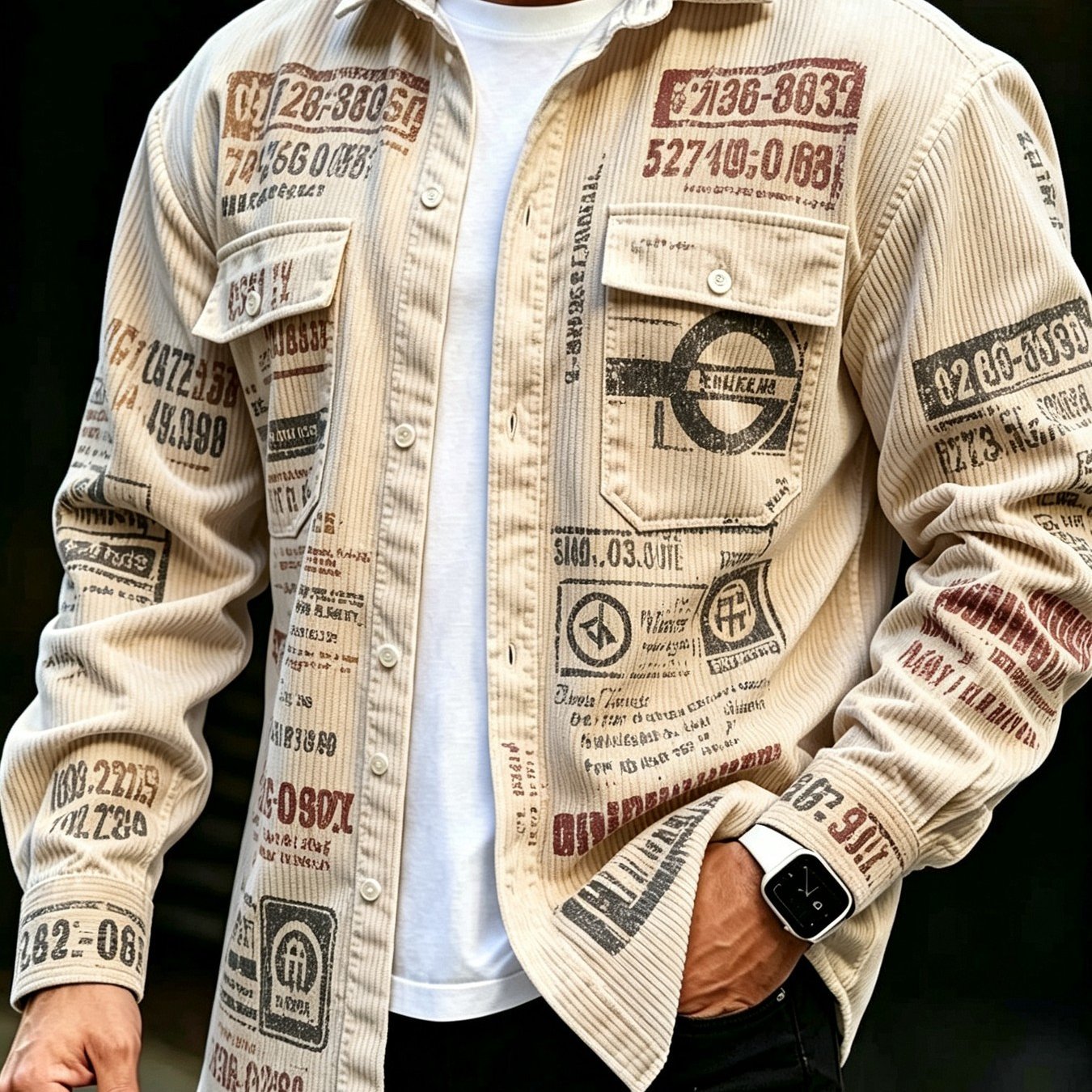 Image of Men's Long Sleeve Workwear Shirt New Arrival Khaki Vintage Number Corduroy Material Distressed Workwear Style Daily Street Outfit