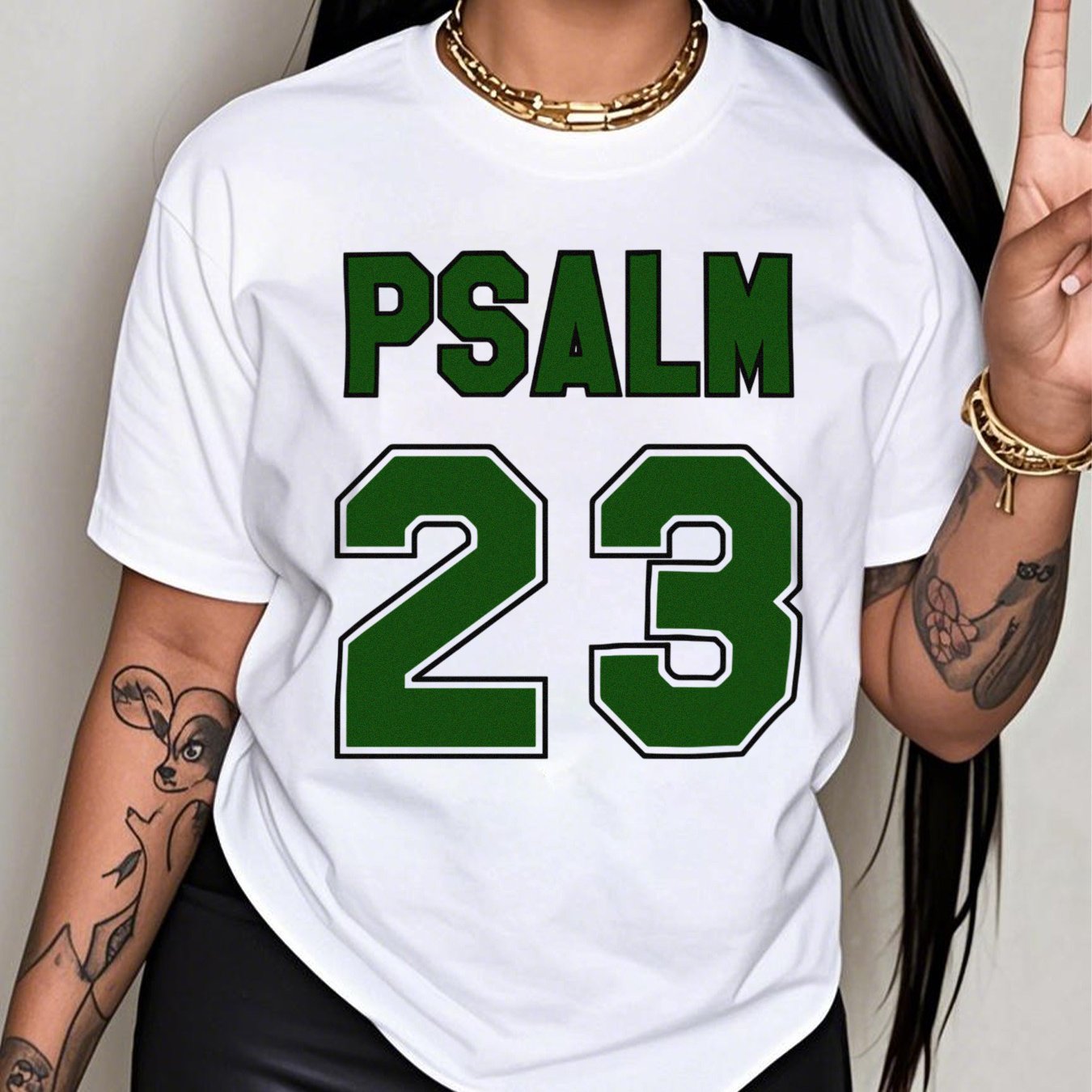TEMU Christmas Sweatshirts For Women 2025 , Local 1pc Women's Casual Psalm 23 Green Text Design 2d T-shirt, 100% Short Sleeve Crew-neck, Regular