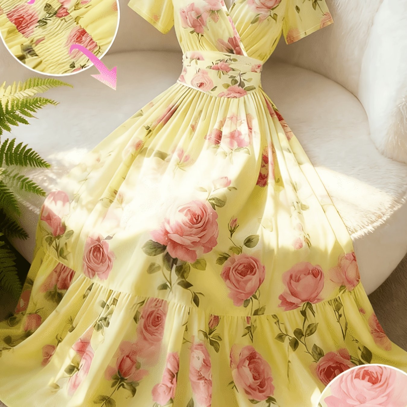 TEMU Women's Rose Print V-neck A-line Short Sleeve Dress, Elegant Versatile Style, Pattern, Early Spring/spring New Long Dress