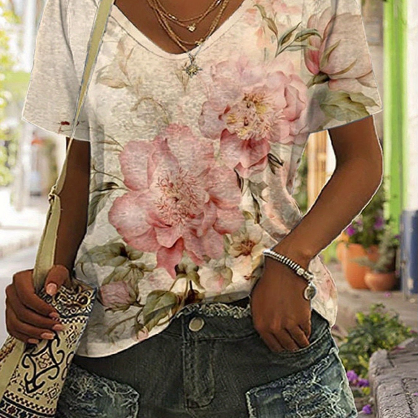 TEMU Plus Size, Plus Size Women's Casual V-neck Short-sleeve T-shirt- Full-body Pink Floral And Green Leaf Pattern, Breathable And Well-fitting Top