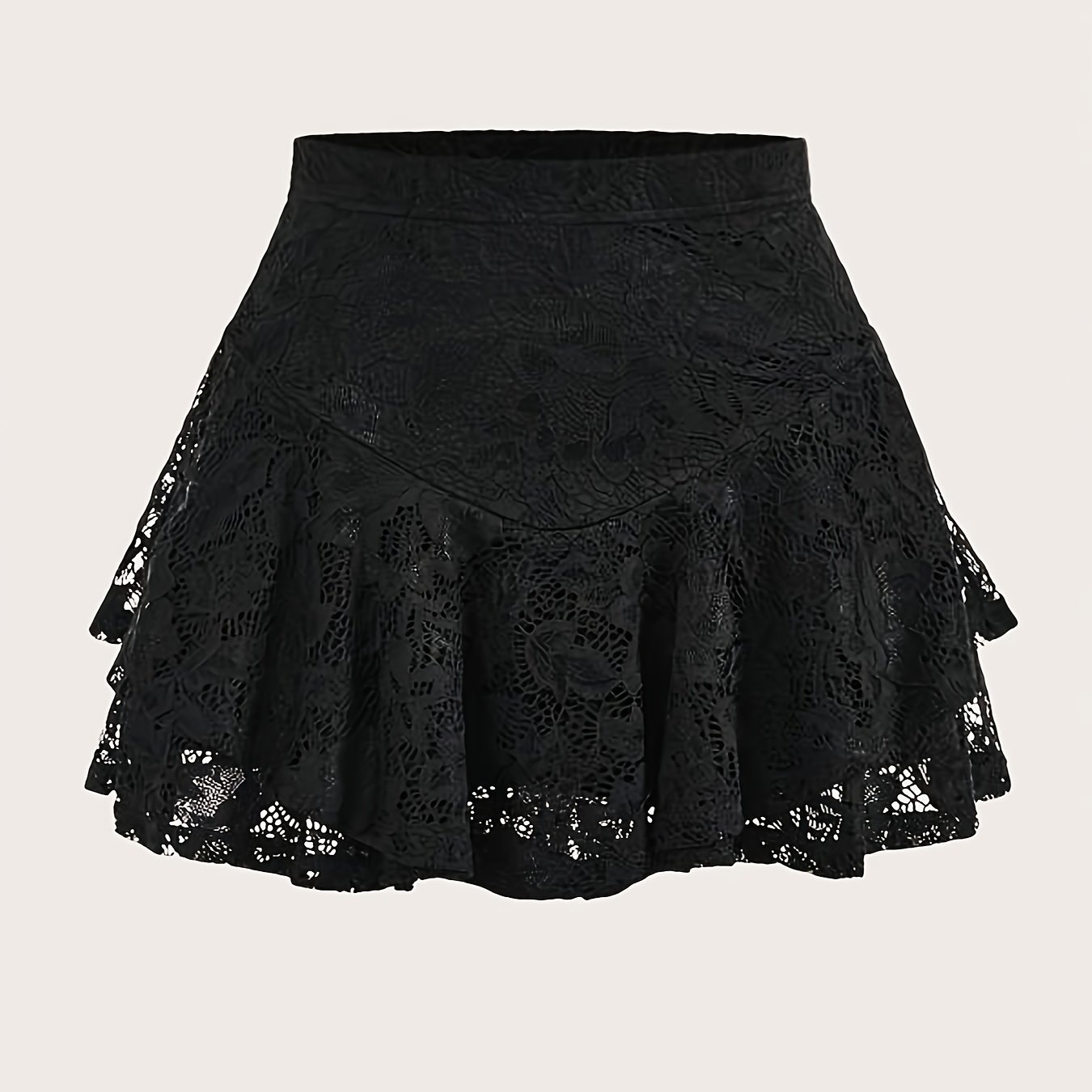 TEMU Chic High-waist Lace Panel Mini Skirt For Women - Stretchy, Solid Color, Spring/summer/fall