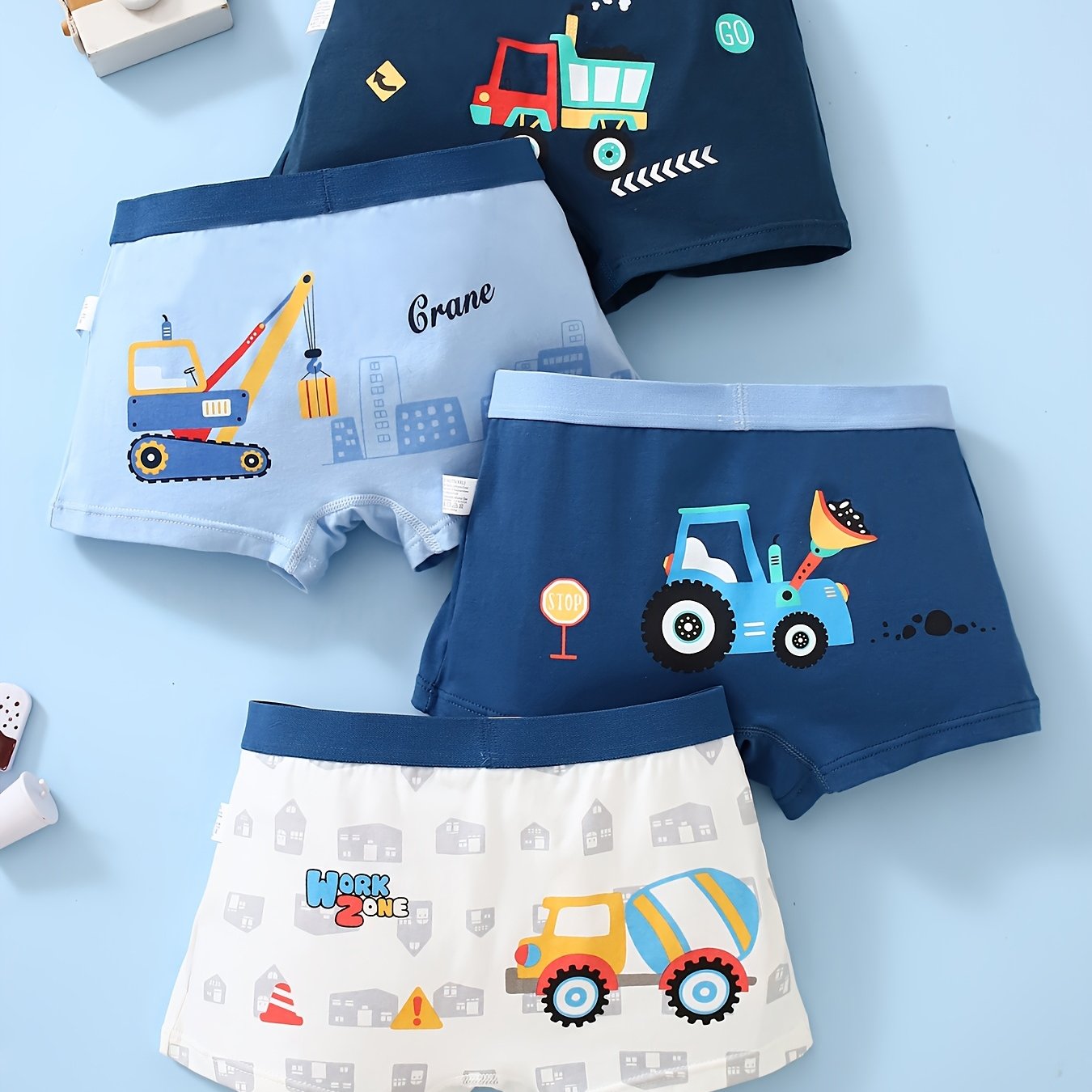 4pcs ' Dinosaur & Excavator Truck Underwear - Soft Breathable Cotton Boxer Briefs With Elastic Waist, Shorts For & Little (kids' ' Clothing) - Comfortable Playwear Suitable For 4pcs
