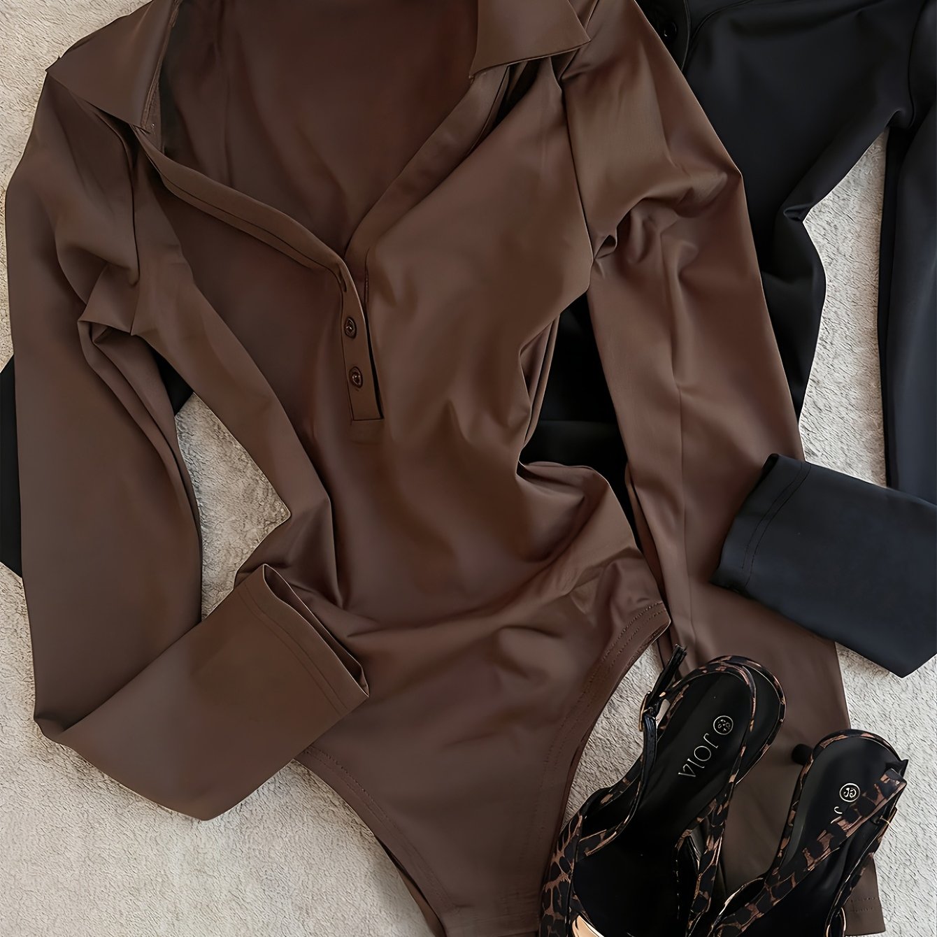 TEMU Women's 2pcs Fall Easy Versatile Casual Collar Button Detail Long Sleeve Bodycon Jumpsuit Set