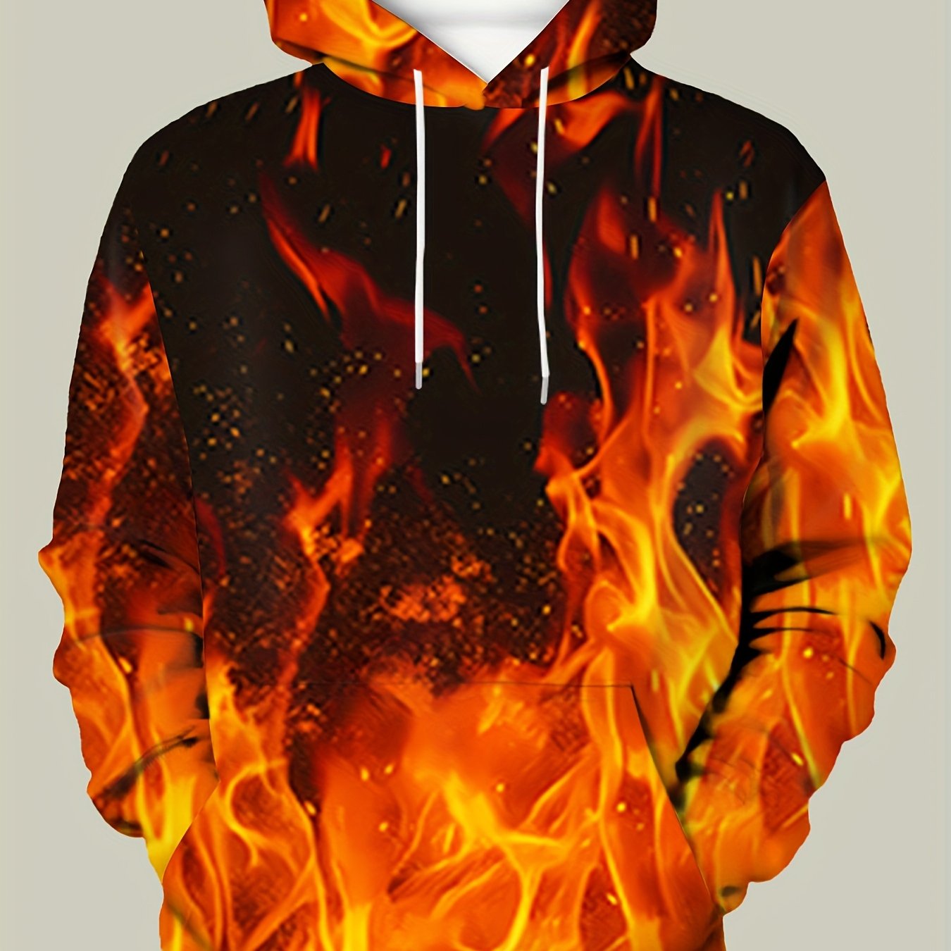 TEMU Men's Black Hooded Sweatshirt Featuring An Orange Flame Design - Regular Fit Pullover Hoodie For Casual Streetwear In Autumn/winter