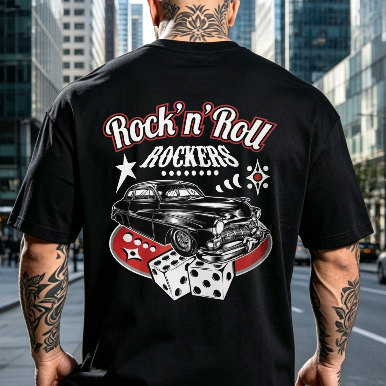 Trendy New Style Back Print Funny Unisex T-shirt Black Rock N Roll Rockers Classic Car Dice And For Casual Holiday Gift 100 Cotton Fashionable Versatile Daily Wear Short Sleeve