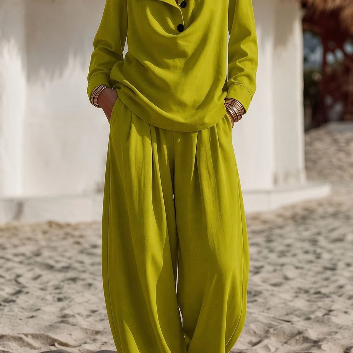 Lady's 2pcs Long-sleeved Formal Collar Blouse And Loose-fitting Trousers Set